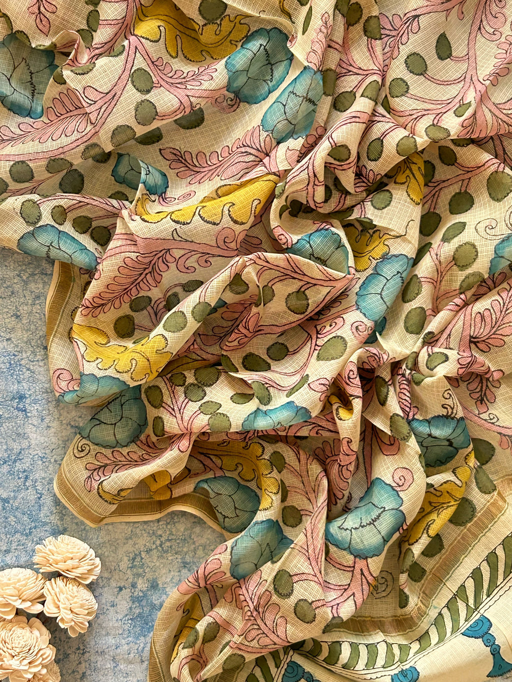 Akshita -Handwoven Hand-drawn Handpainted Pen Kalamkari Dupatta