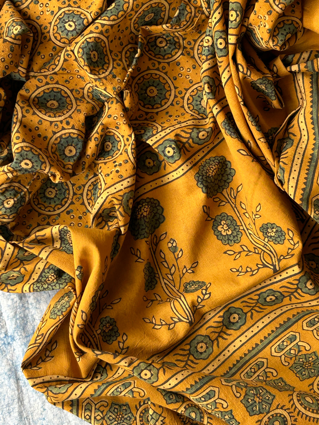 Daboo and Ajrakh Handblock Printed Set - Indigo and Turmeric Yellow