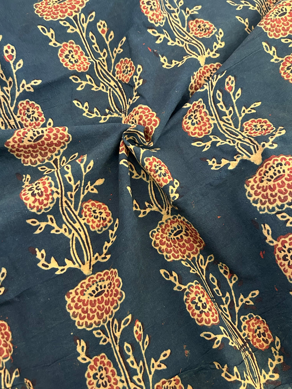 Handblock Printed Ajrakh Cotton - Green Floral (2.4m)