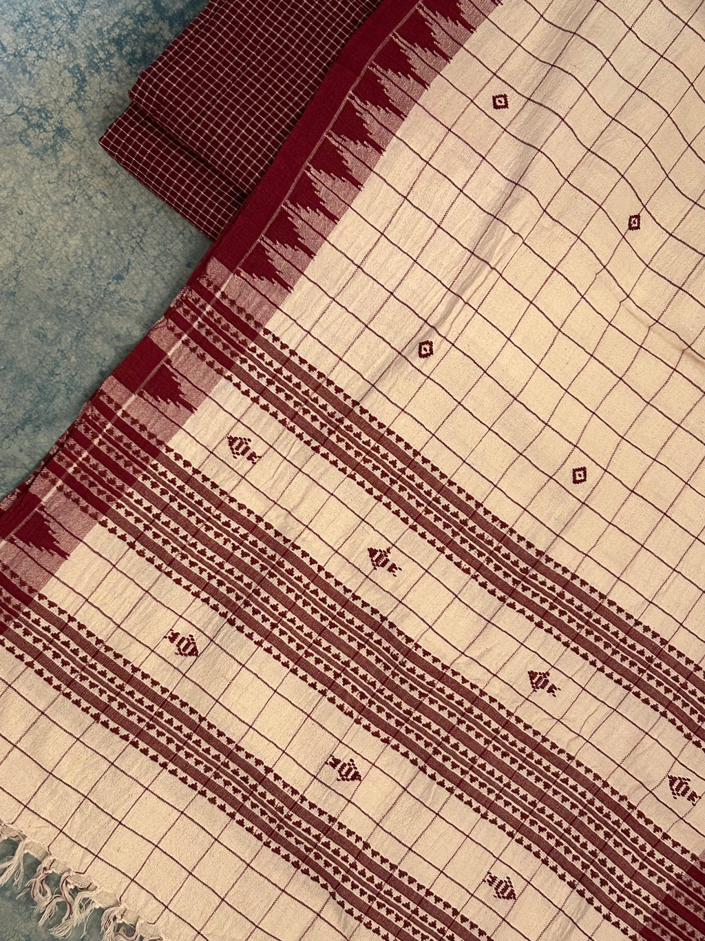 Handspun Handwoven Kotpad Suit Set - Maroon Check