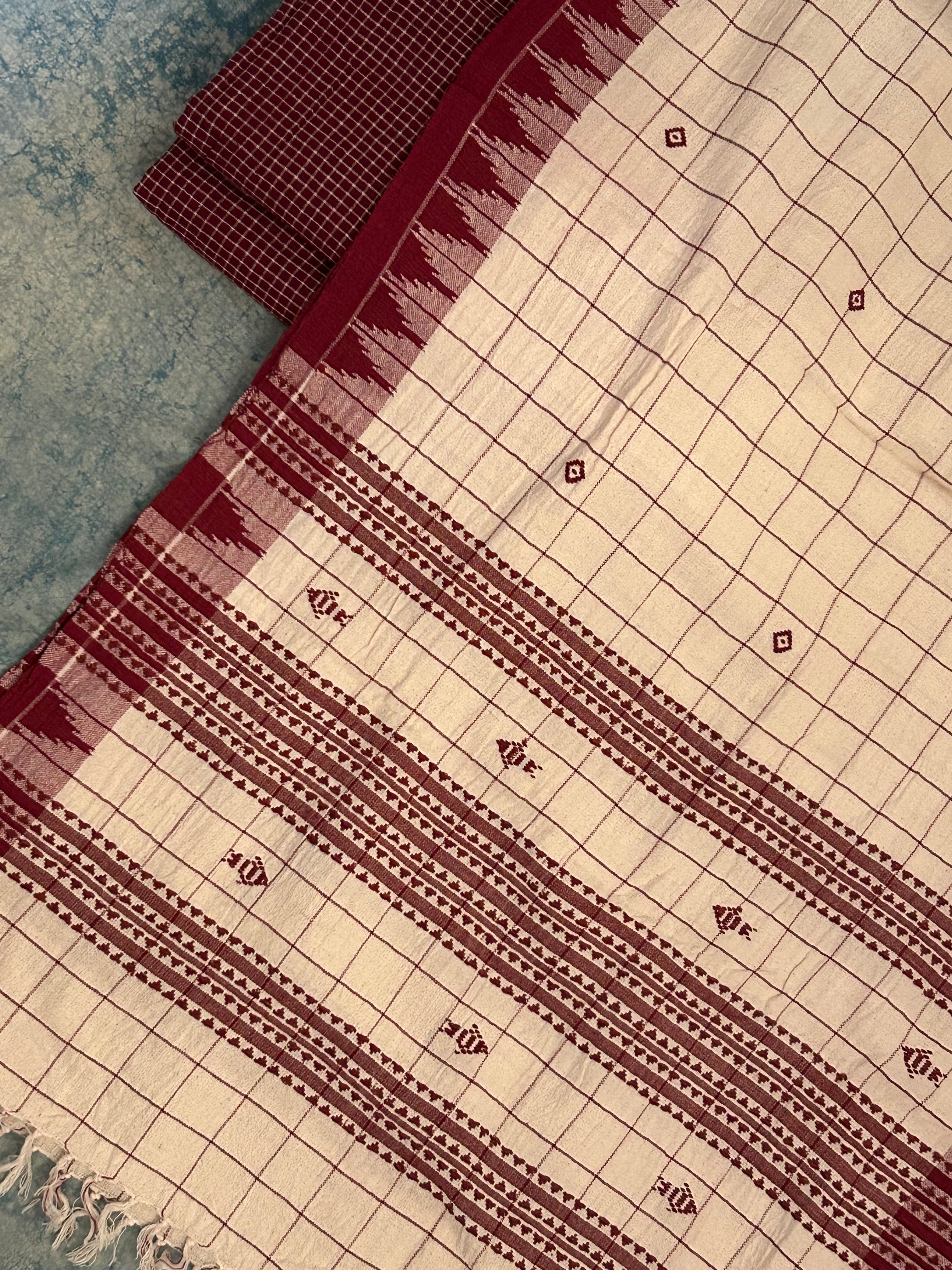 Handspun Handwoven Kotpad Suit Set - Maroon Check