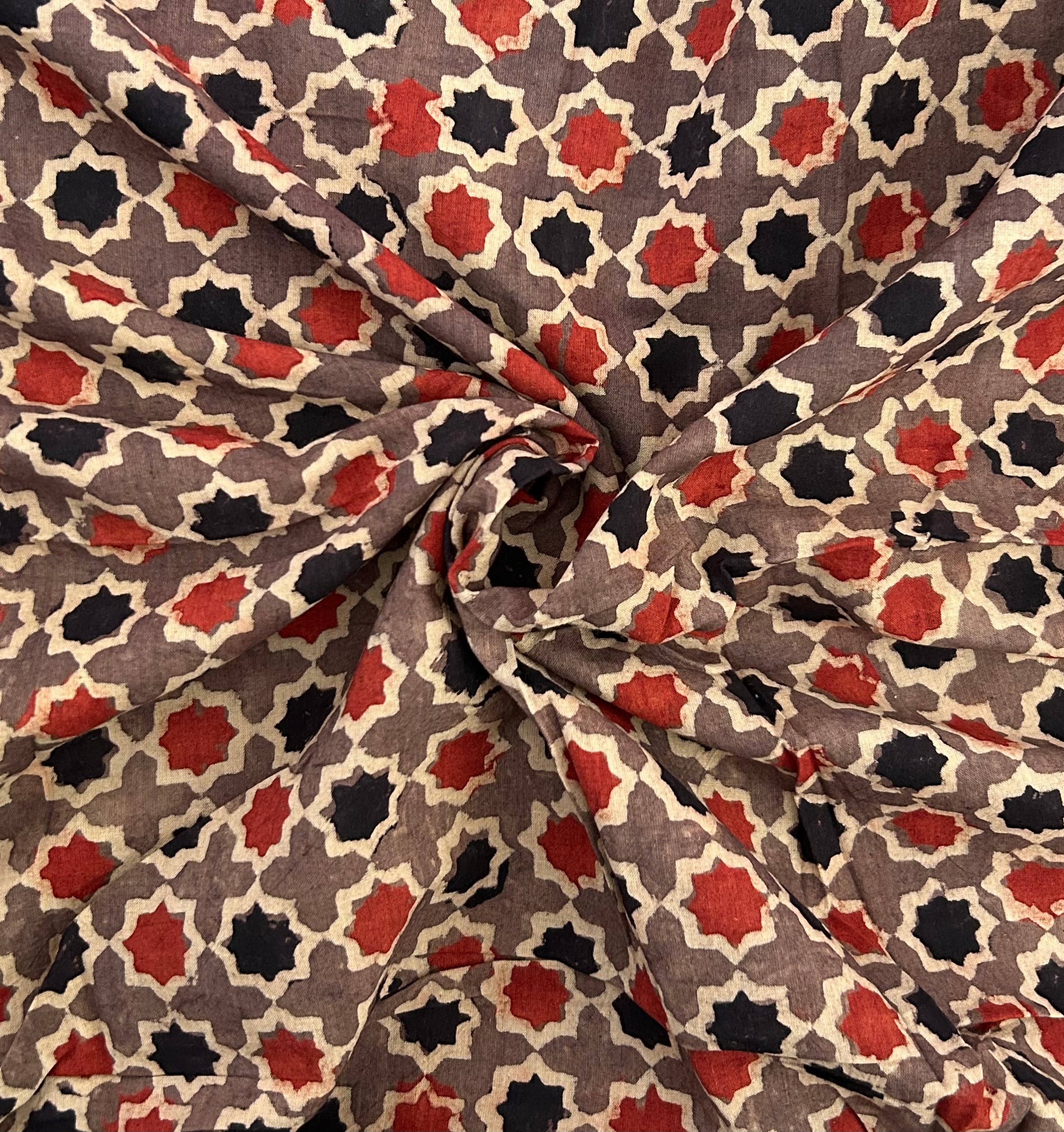Handblock Printed Ajrakh Cotton - Chickoo Brown (1.9m)
