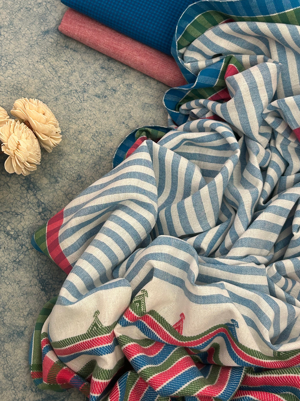 Handwoven Bhujodi Set - Blue and Peach Pink
