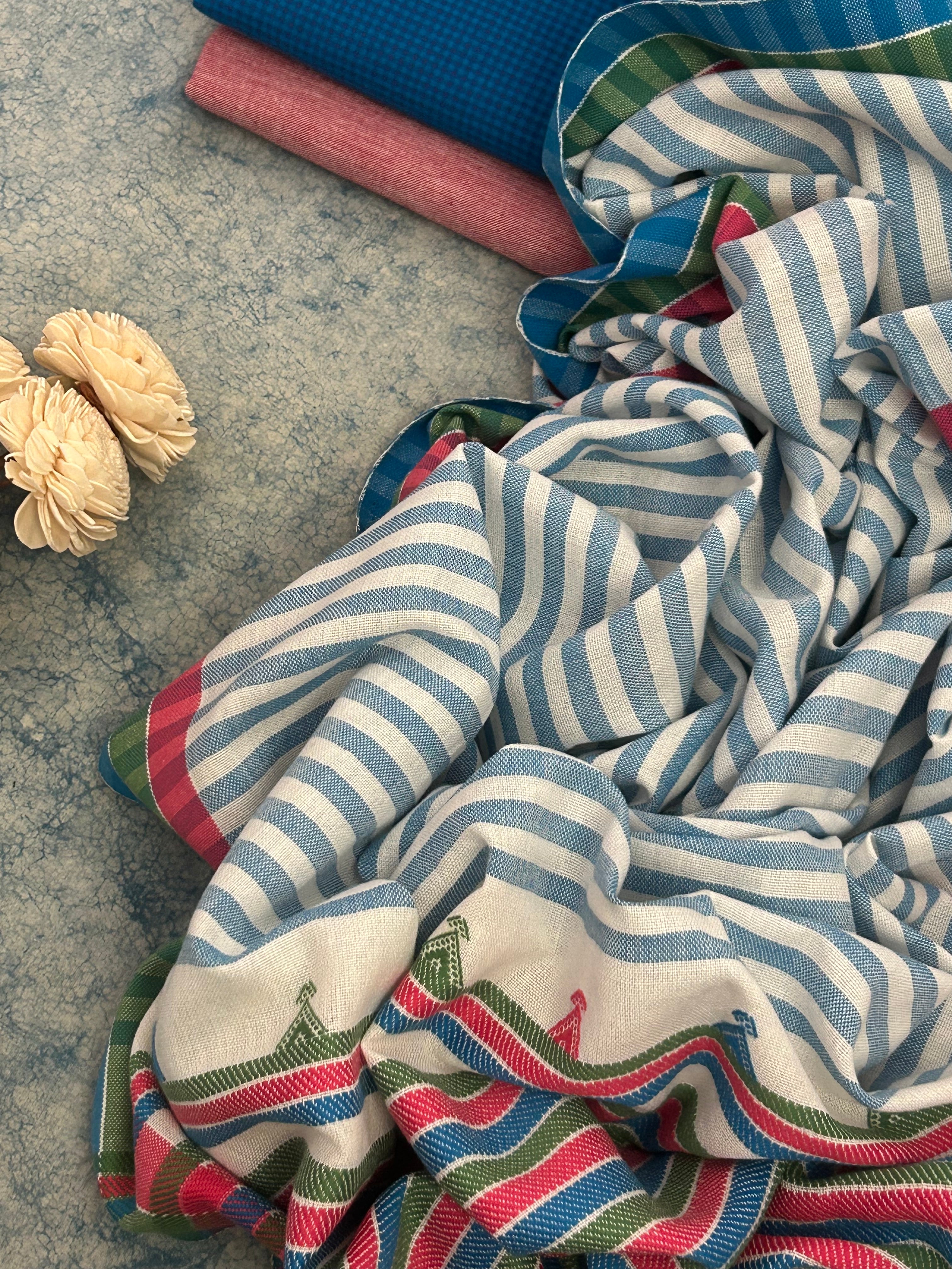 Handwoven Bhujodi Set - Blue and Peach Pink