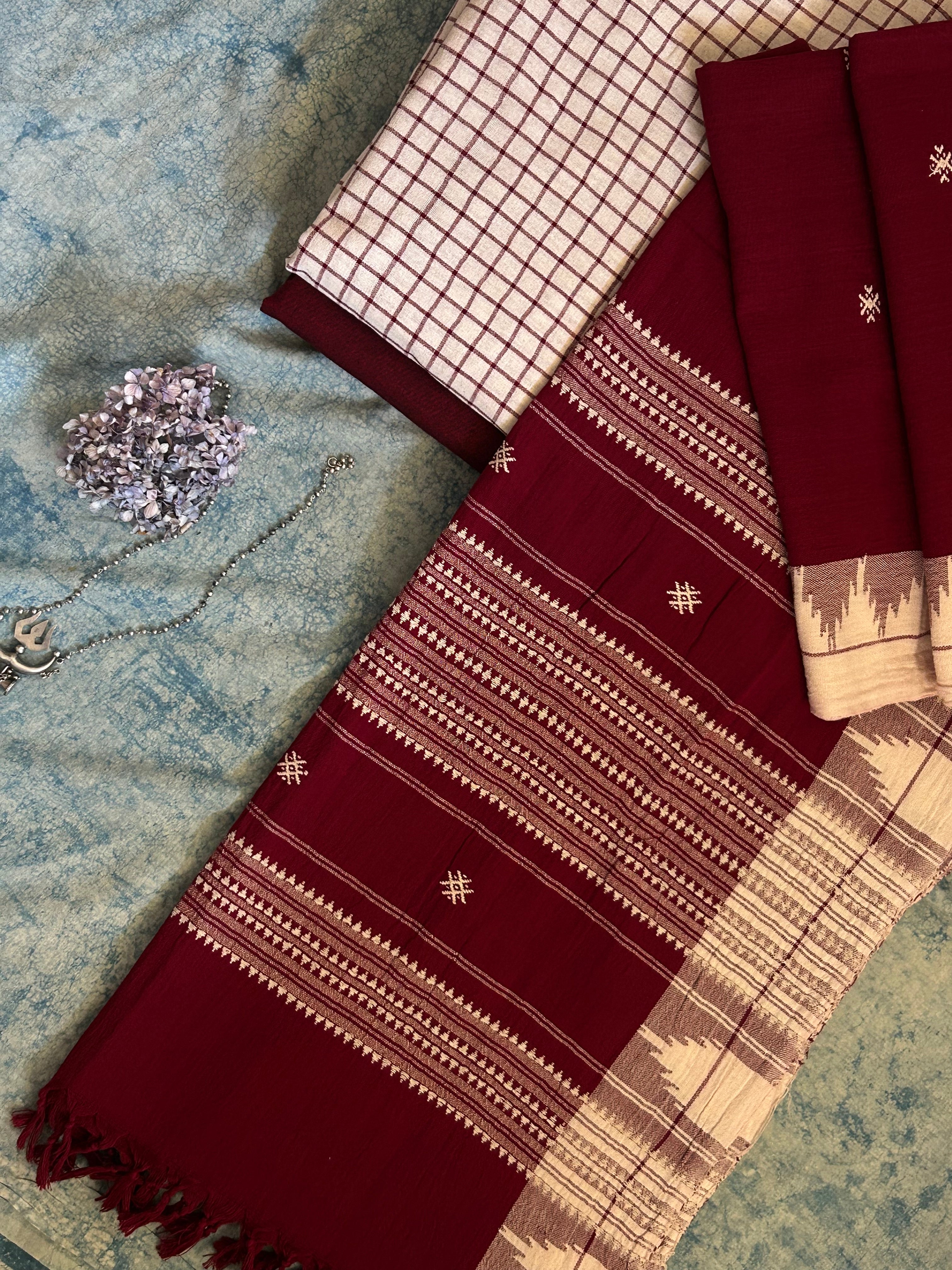 Handspun Handwoven Kotpad Suit Set - Ivory Maroon Checks