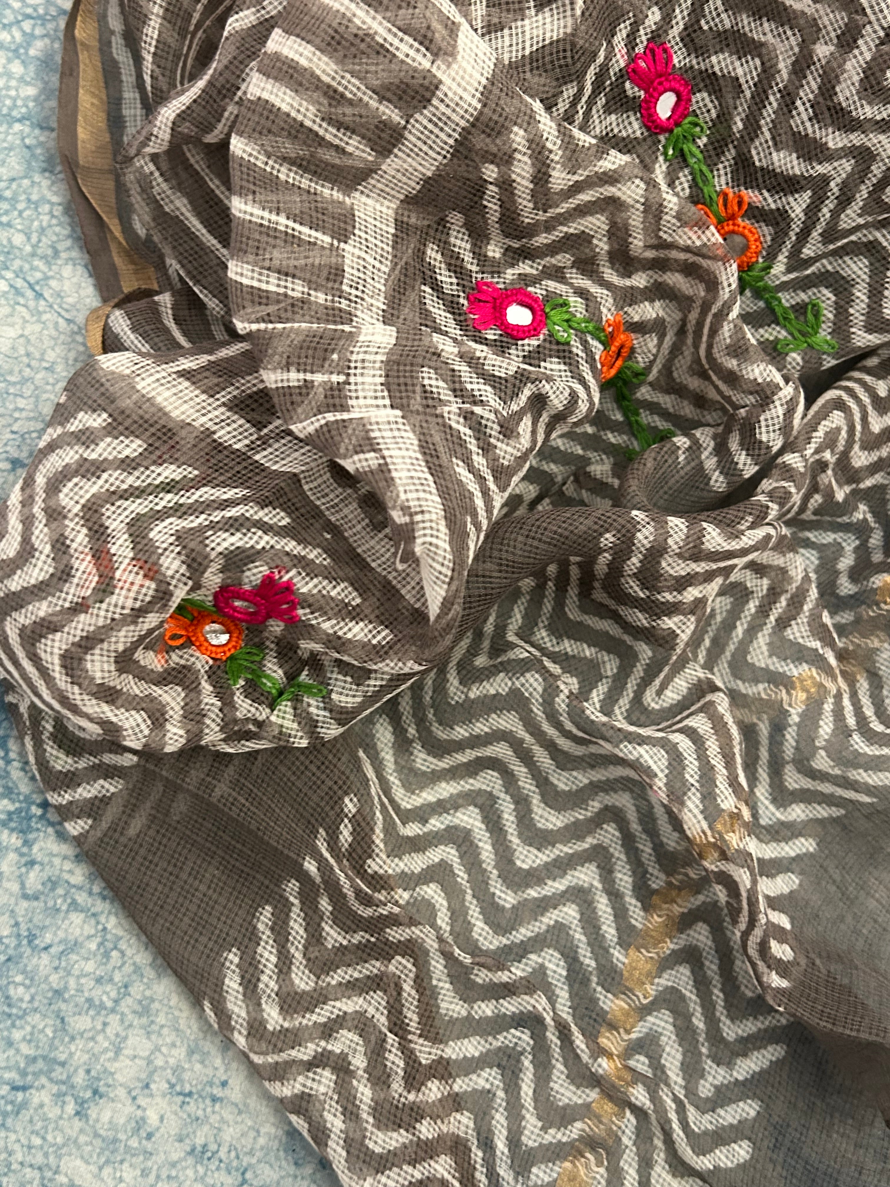 Handwoven Cotton Hand Embroidered Kota Dupatta Set -The Sunset Hues