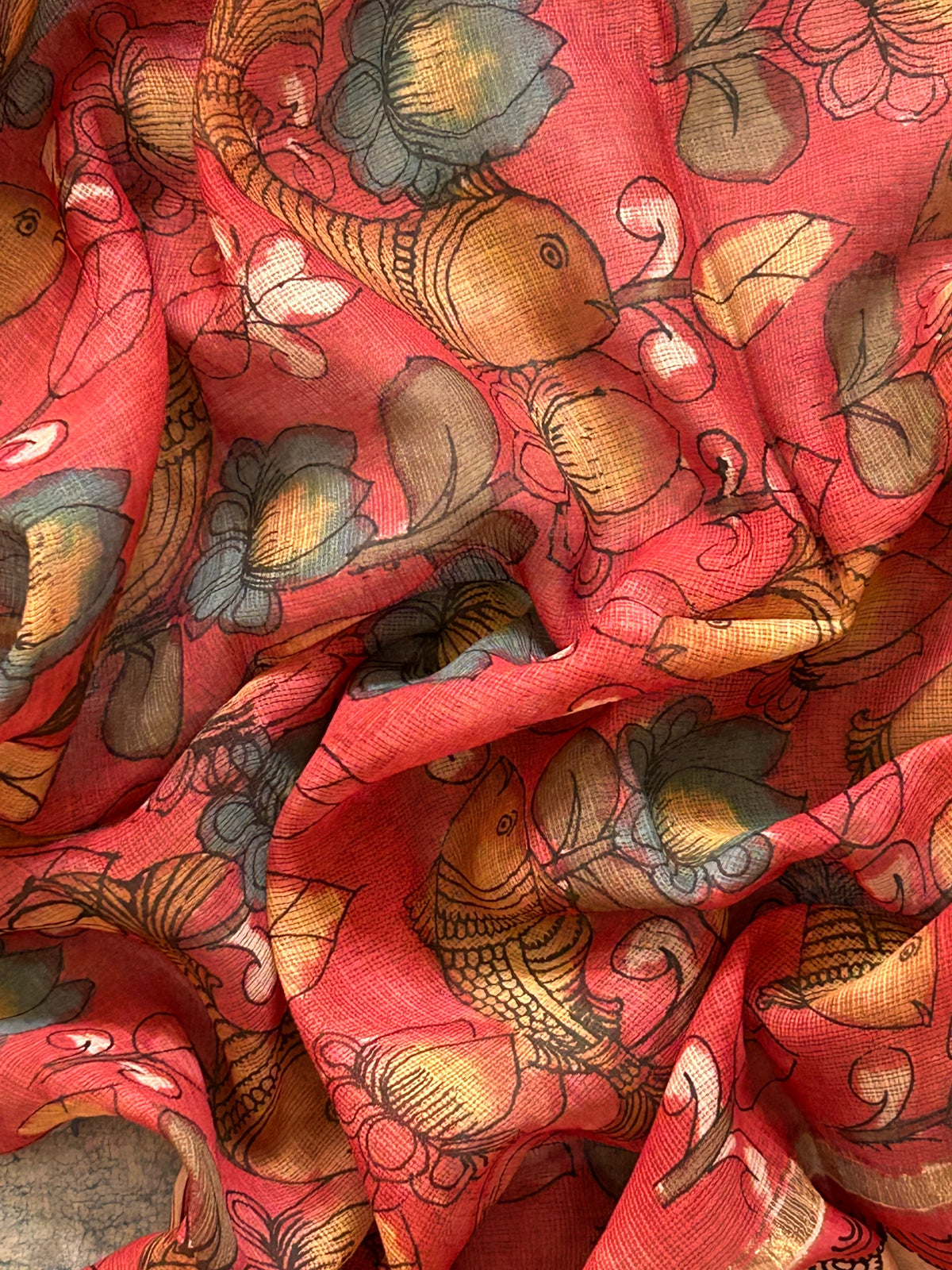 Gayatri - Manjari -Handwoven Hand-drawn Handpainted Pen Kalamkari Dupatta
