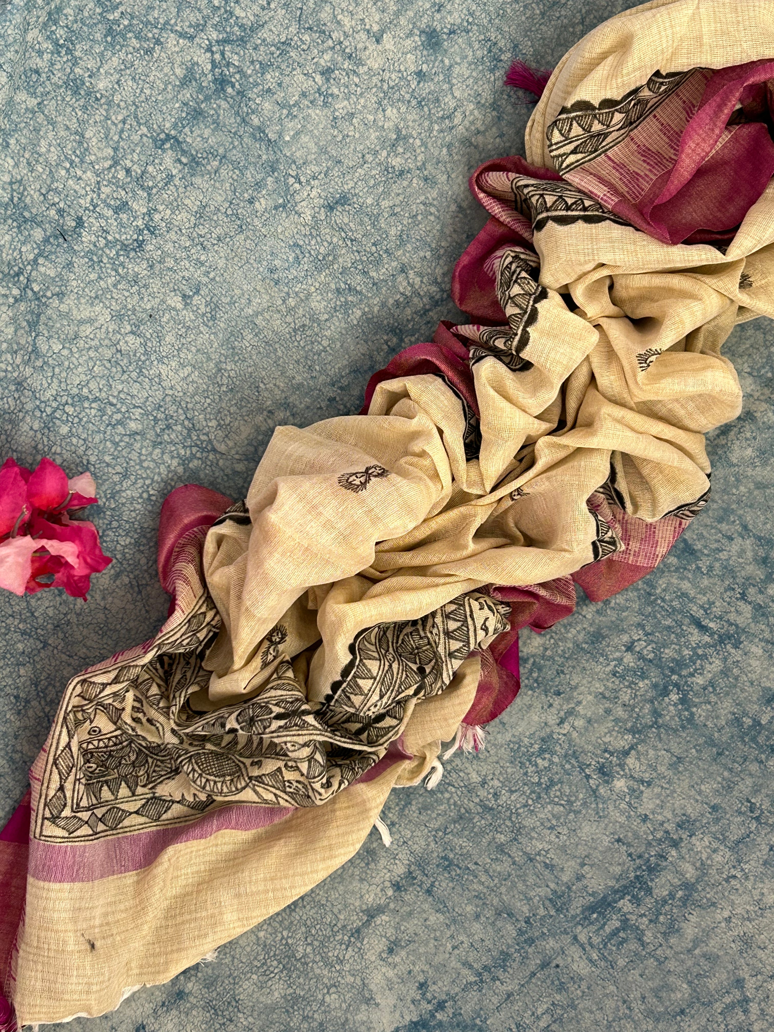 Madhubani Handpainted Cotton Silk Dupatta