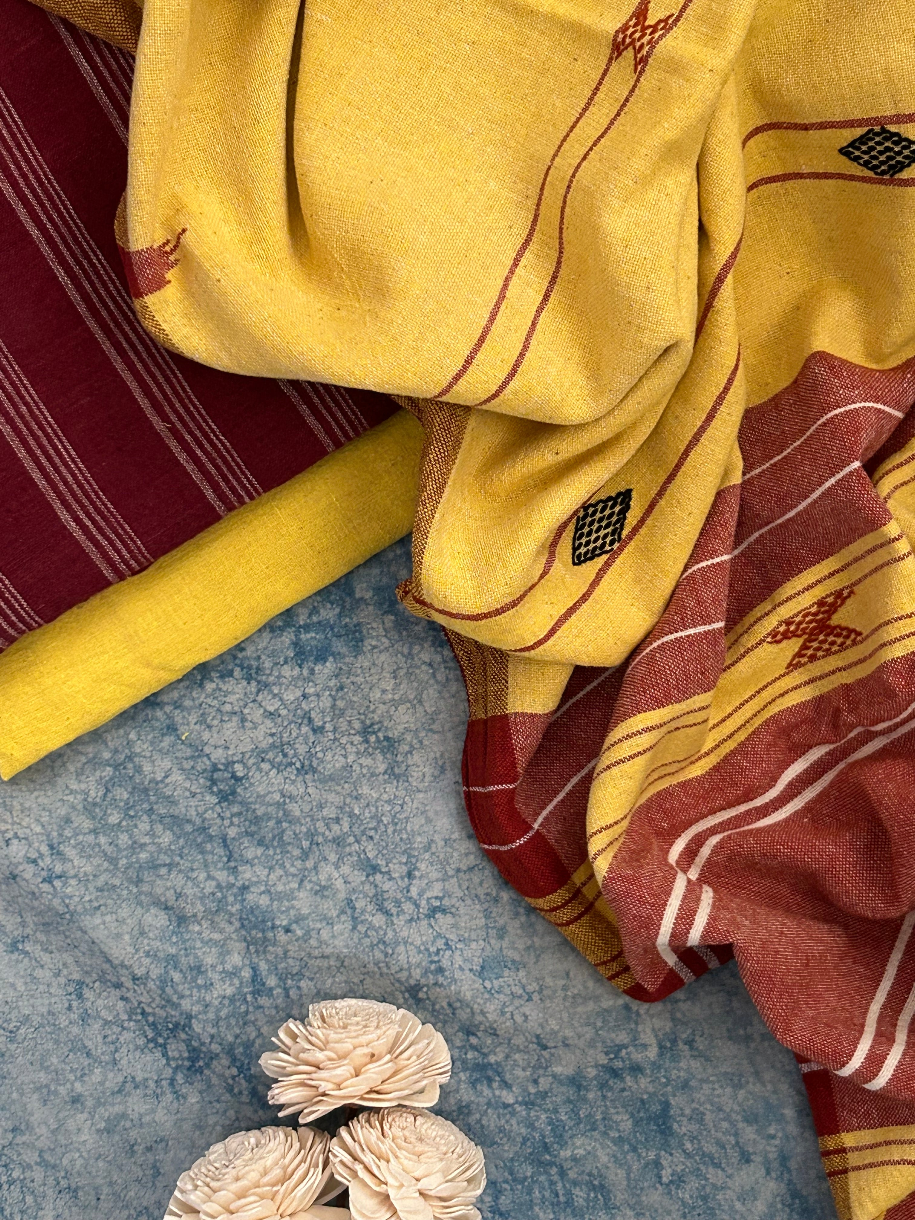 Handspun Handwoven Kotpad Suit Set - Maroon and Mustard Yellow