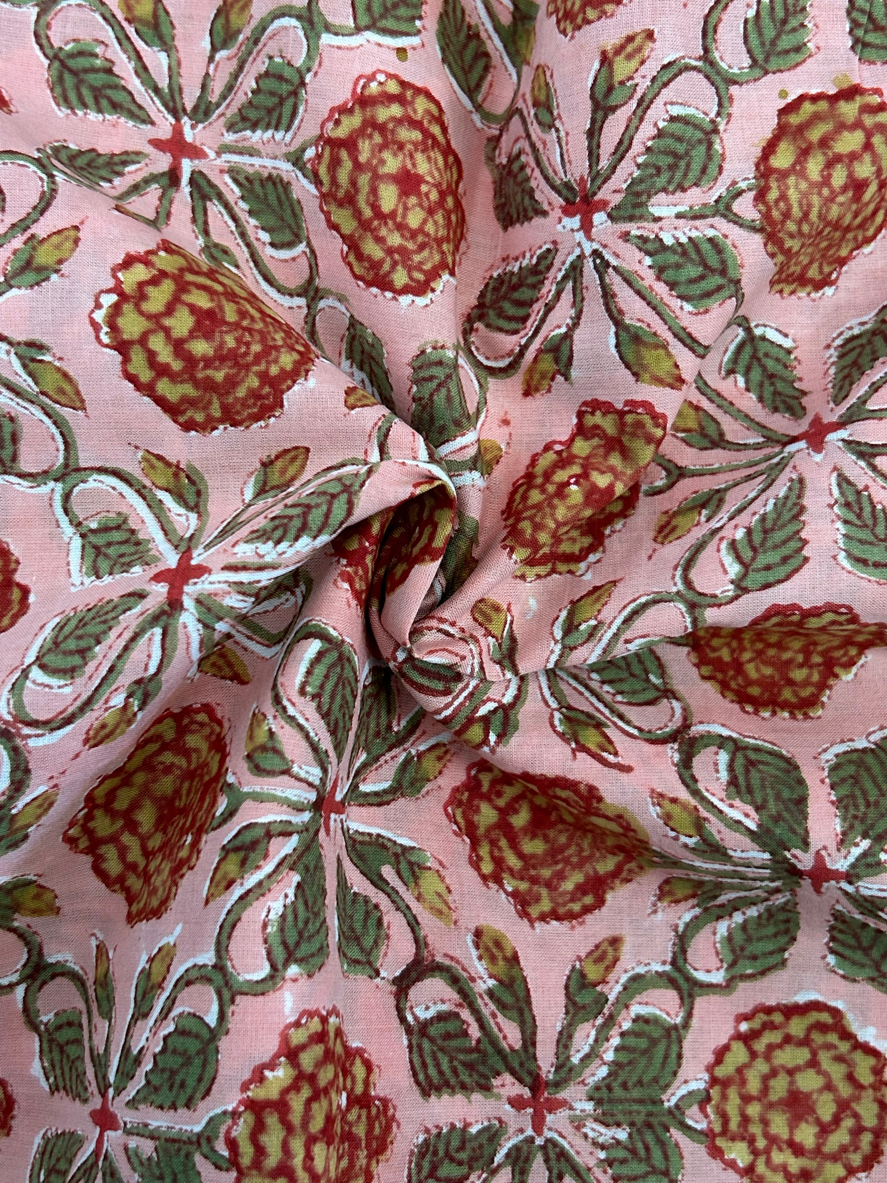 Handblock Printed Azofree dye cotton - Peach Floral (2.4m)