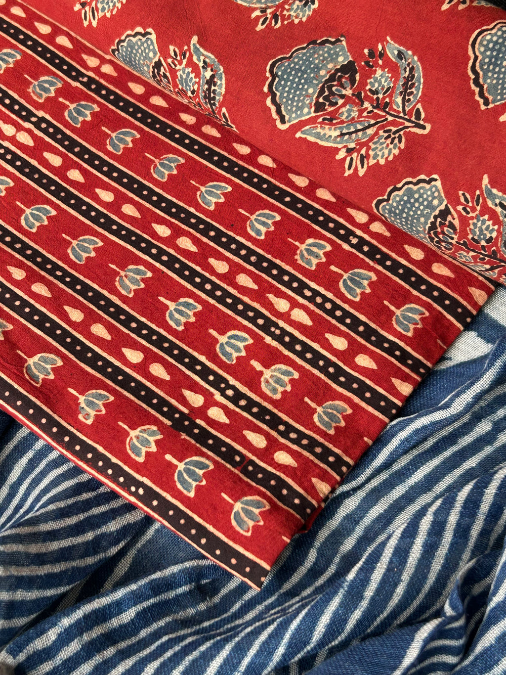 Vasudha - Natural Dyes Handblock Ajrakh Cotton and Linen Dupatta Set