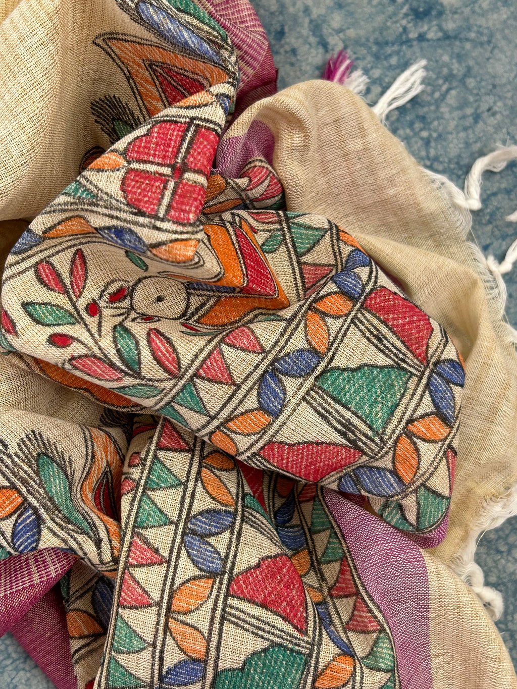 Madhubani Handpainted Cotton Silk Dupatta