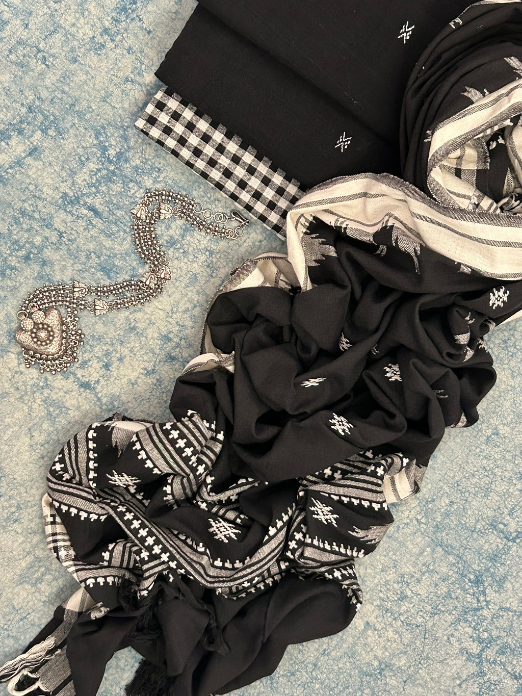 Handspun Handwoven Kotpad Suit Set -Black Butti & Checkered