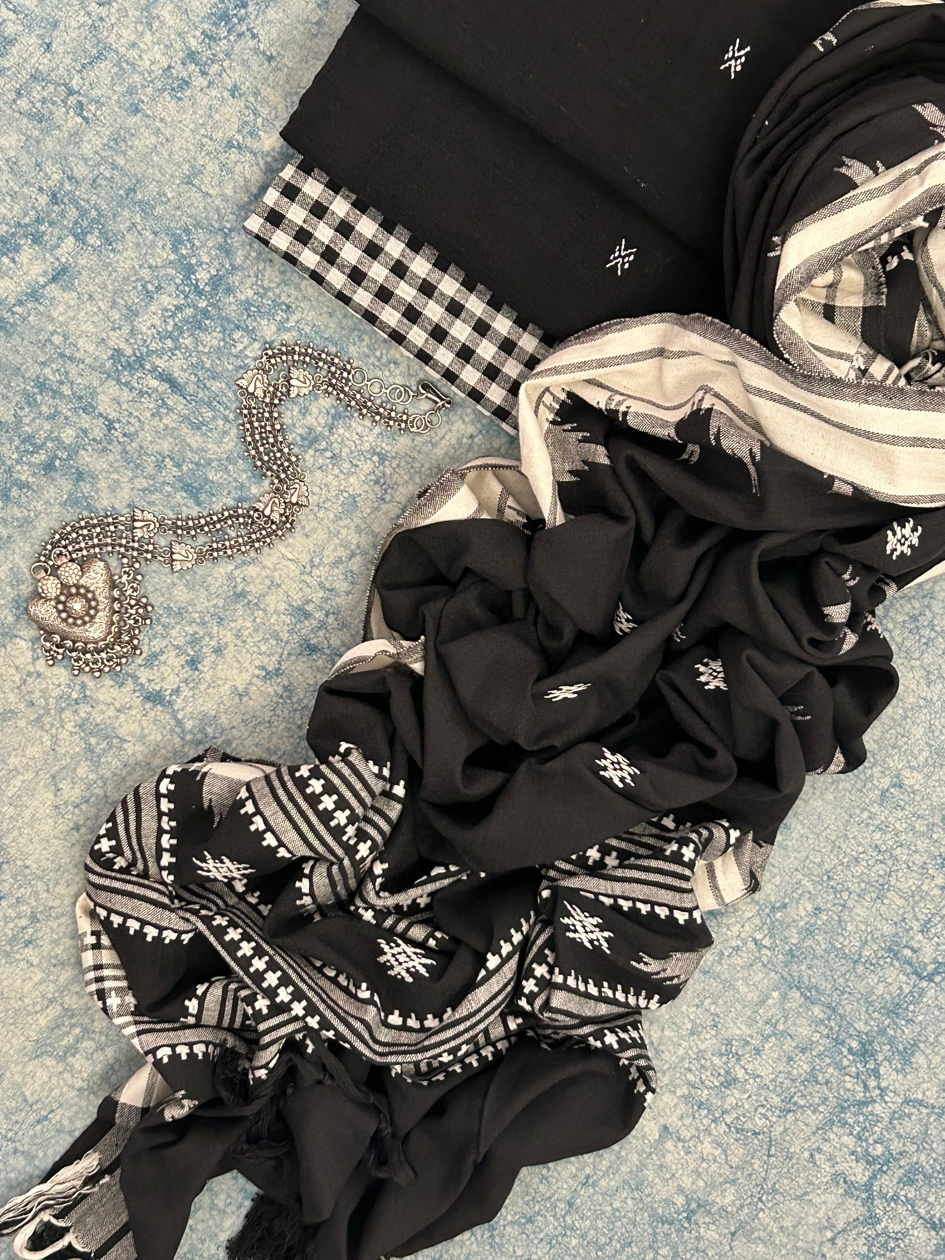 Handspun Handwoven Kotpad Suit Set -Black Butti & Checkered