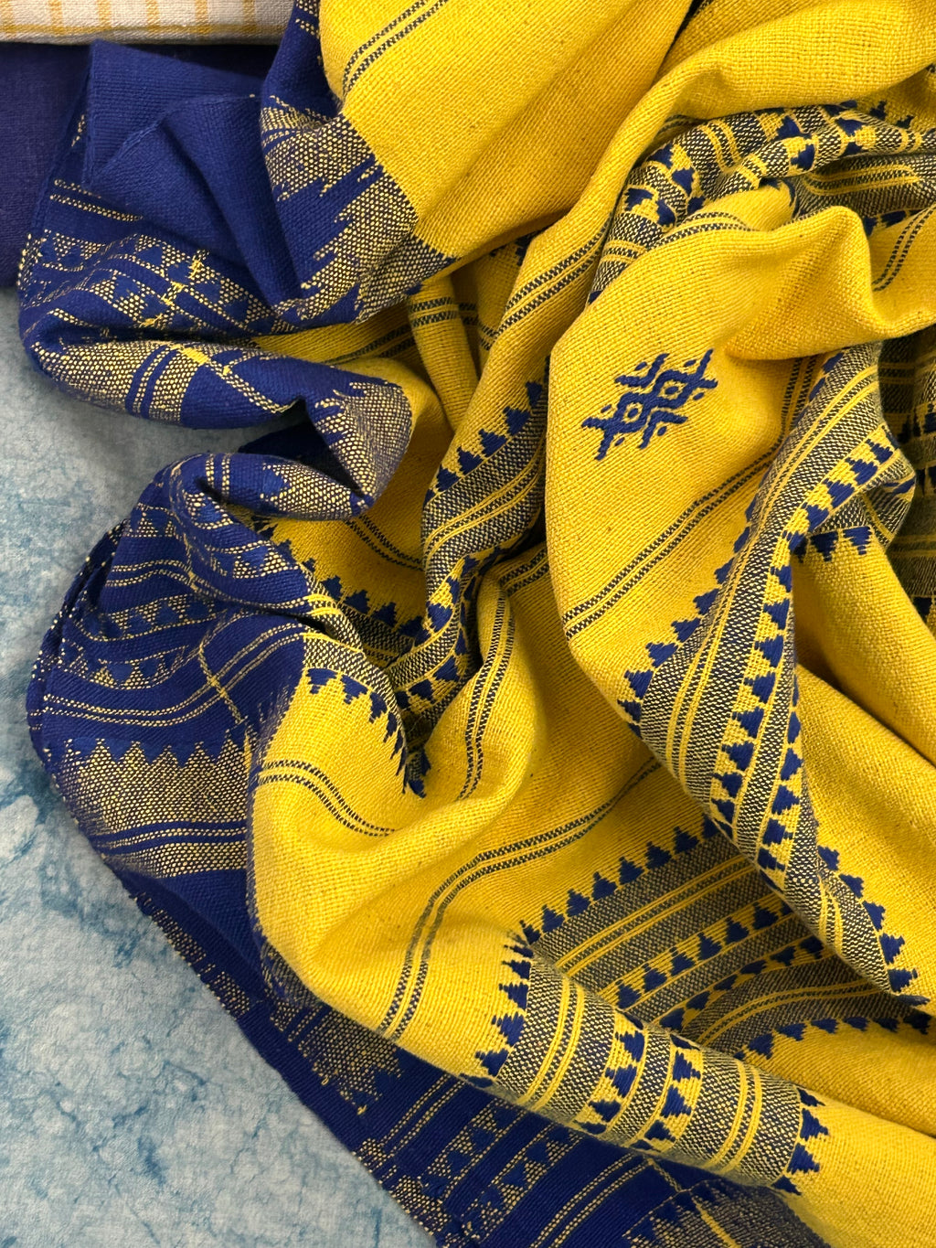Handspun Handwoven Kotpad Suit Set - Checkered Yellow & Blue