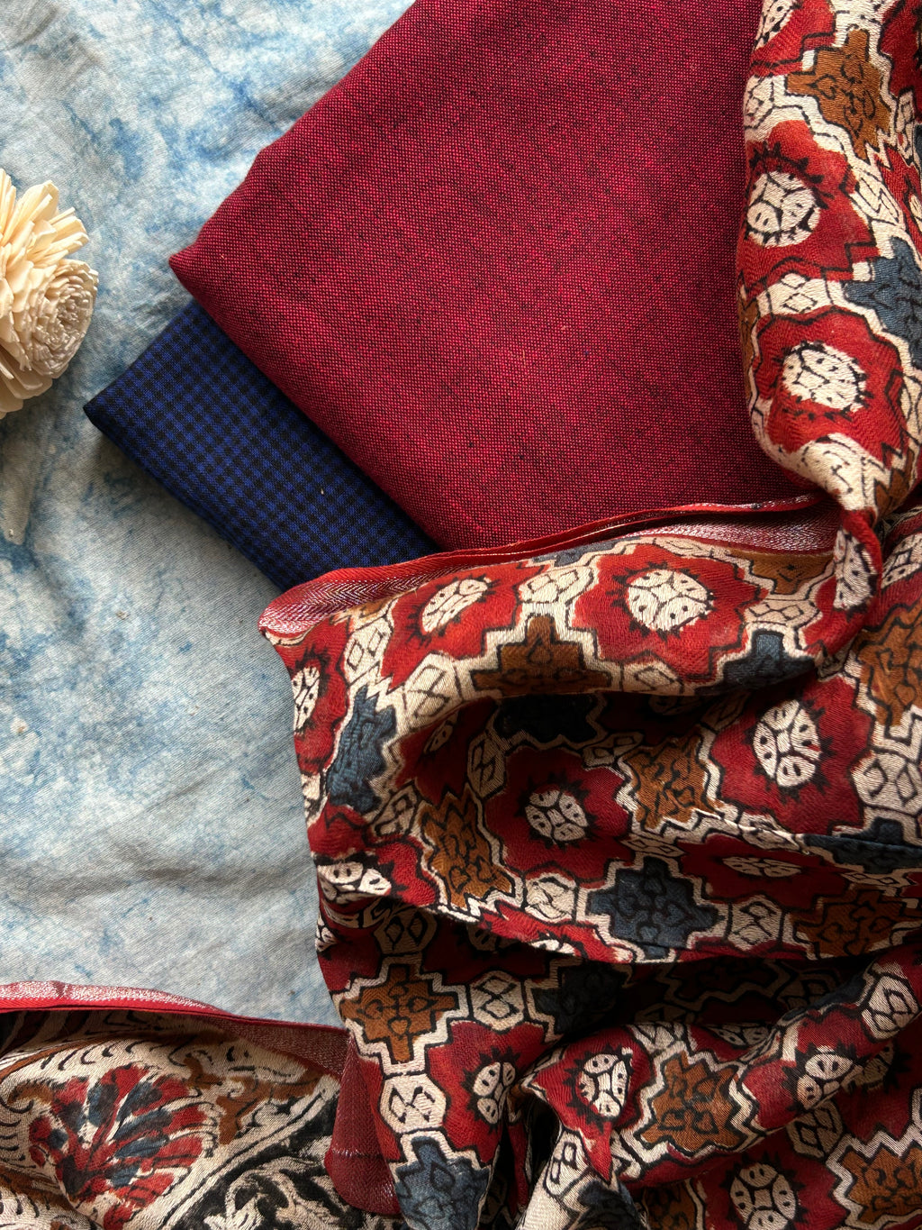 Handwoven Handblock Printed Set - Deep Blue and Maroon