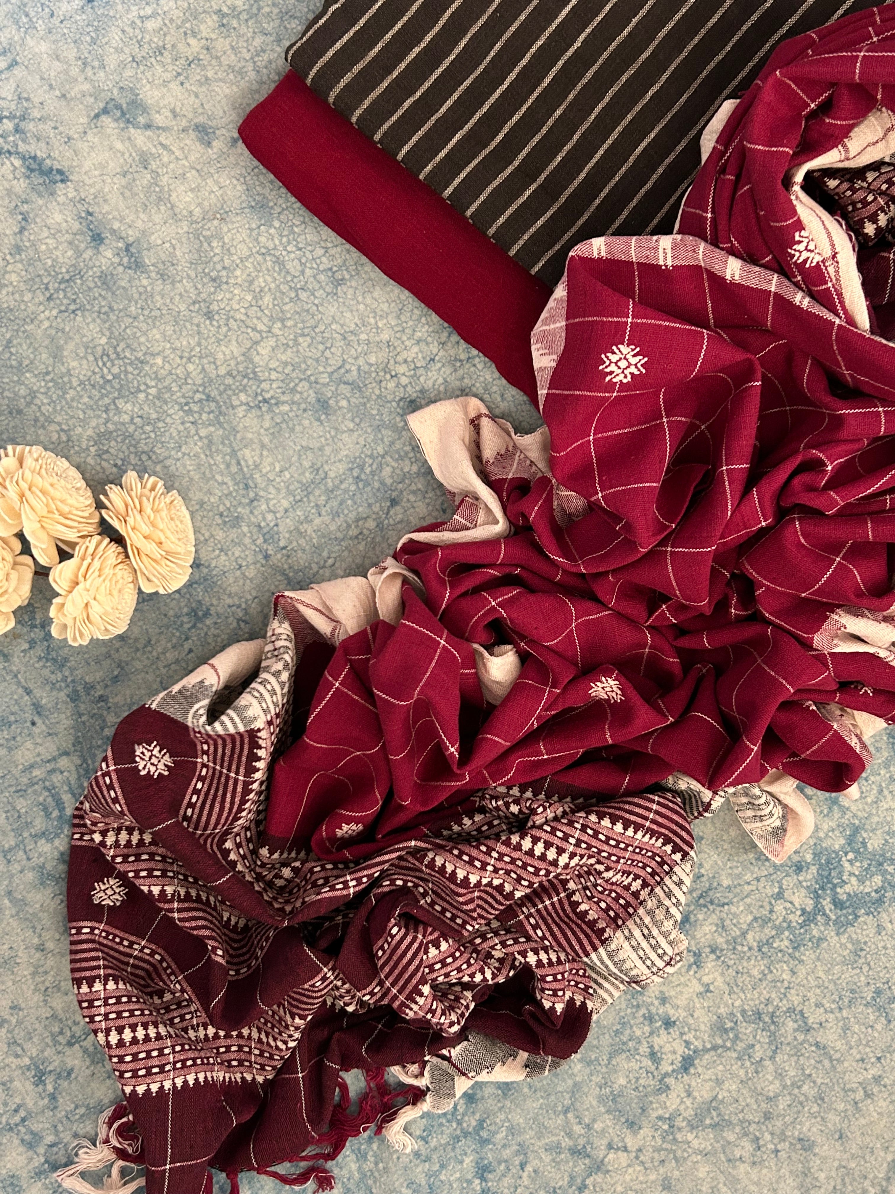 Handspun Handwoven Kotpad Suit Set -Black and Maroon