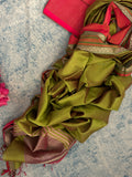 Handwoven Maheshwari Kurta Dupatta Set -Rose Pink & Moongia Green