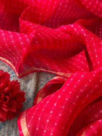 Handcrafted Tie-Dye Silk Kota Doria Dupatta - Rose Red & White