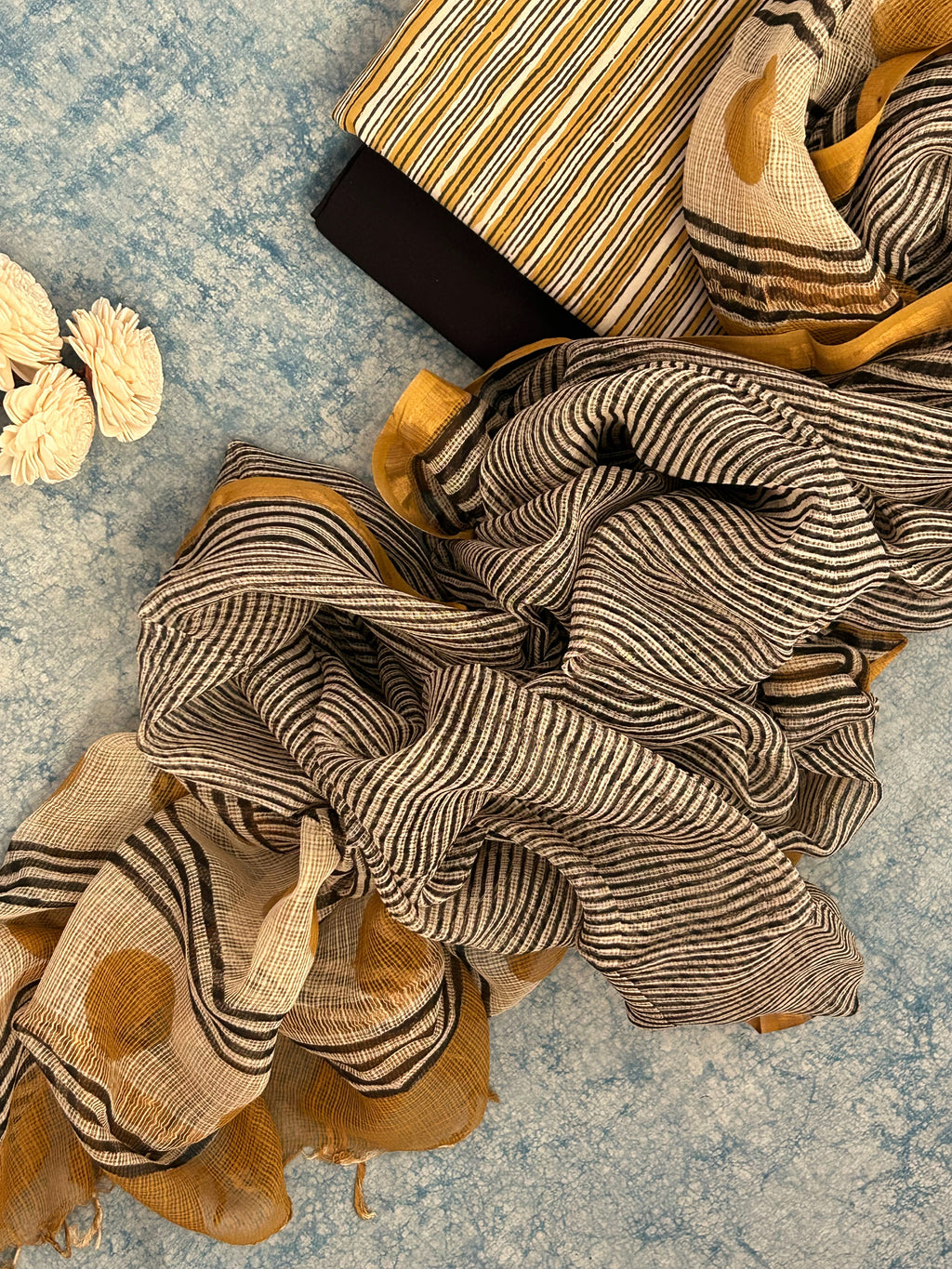 Handcrafted Cotton Suit Set - Mustard Stripes and Black