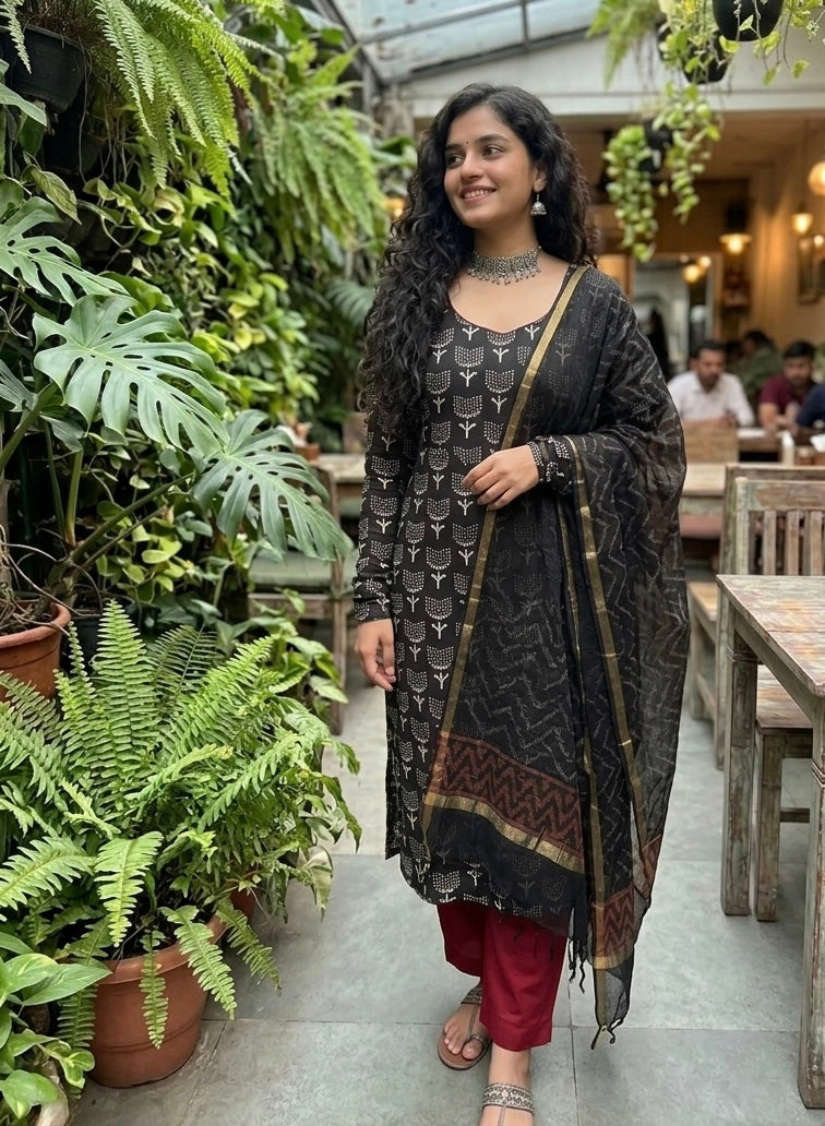 Handcrafted Cotton Suit Set - Black and Maroon