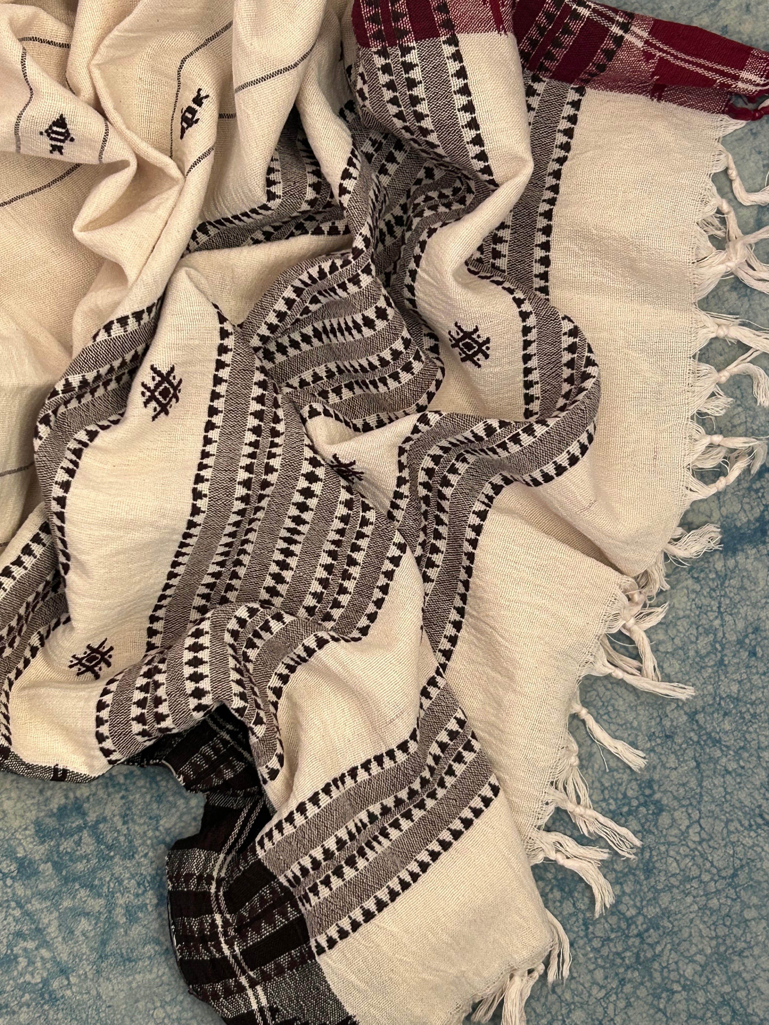 Handspun Handwoven Kotpad Suit Set -Black Butti & Ivory Multi Colour Stripe