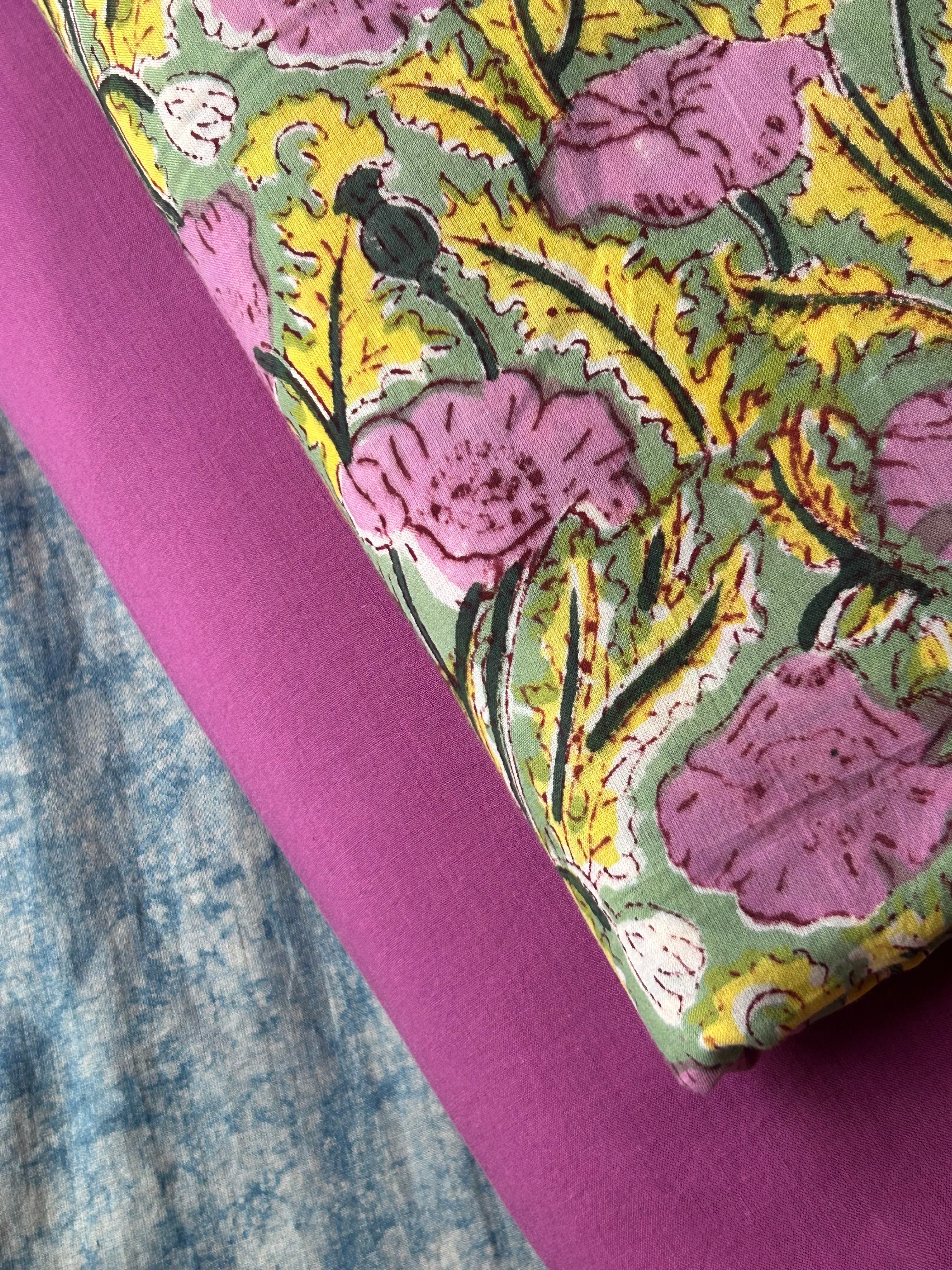 Handblock  Cotton Fabric -  Orchid Pink and Green Floral Jaal