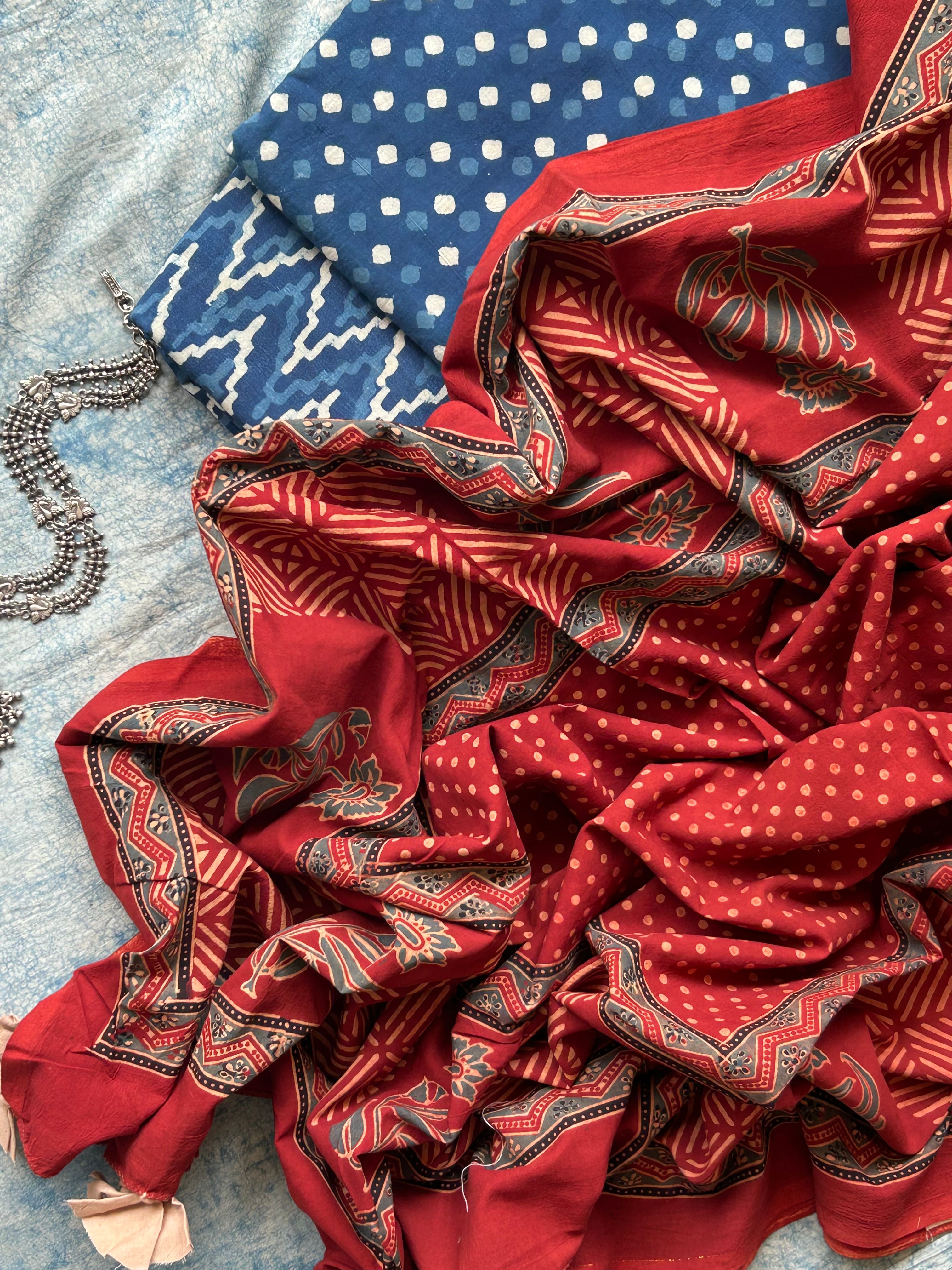 Daboo and Ajrakh Handblock Printed Set - Indigo and Madder Red