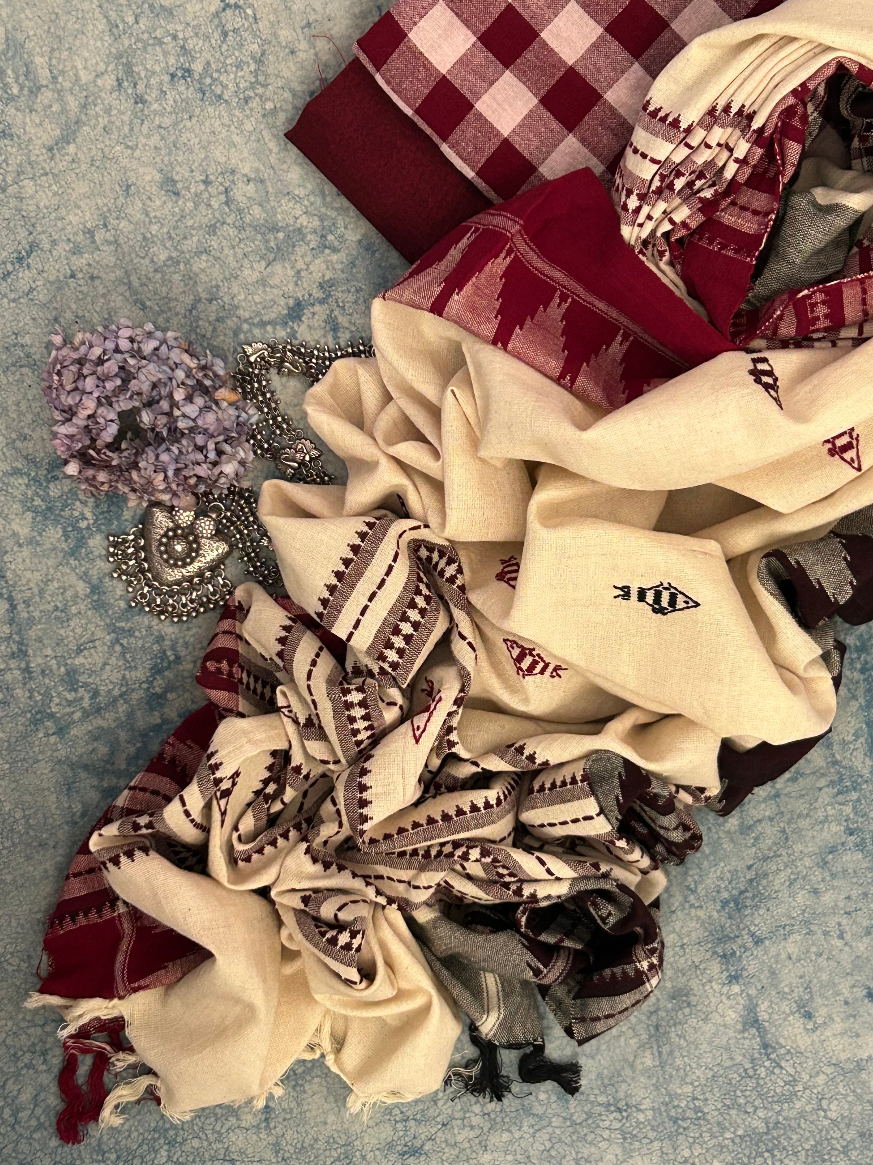 Handspun Handwoven Kotpad Suit Set - Maroon Checks