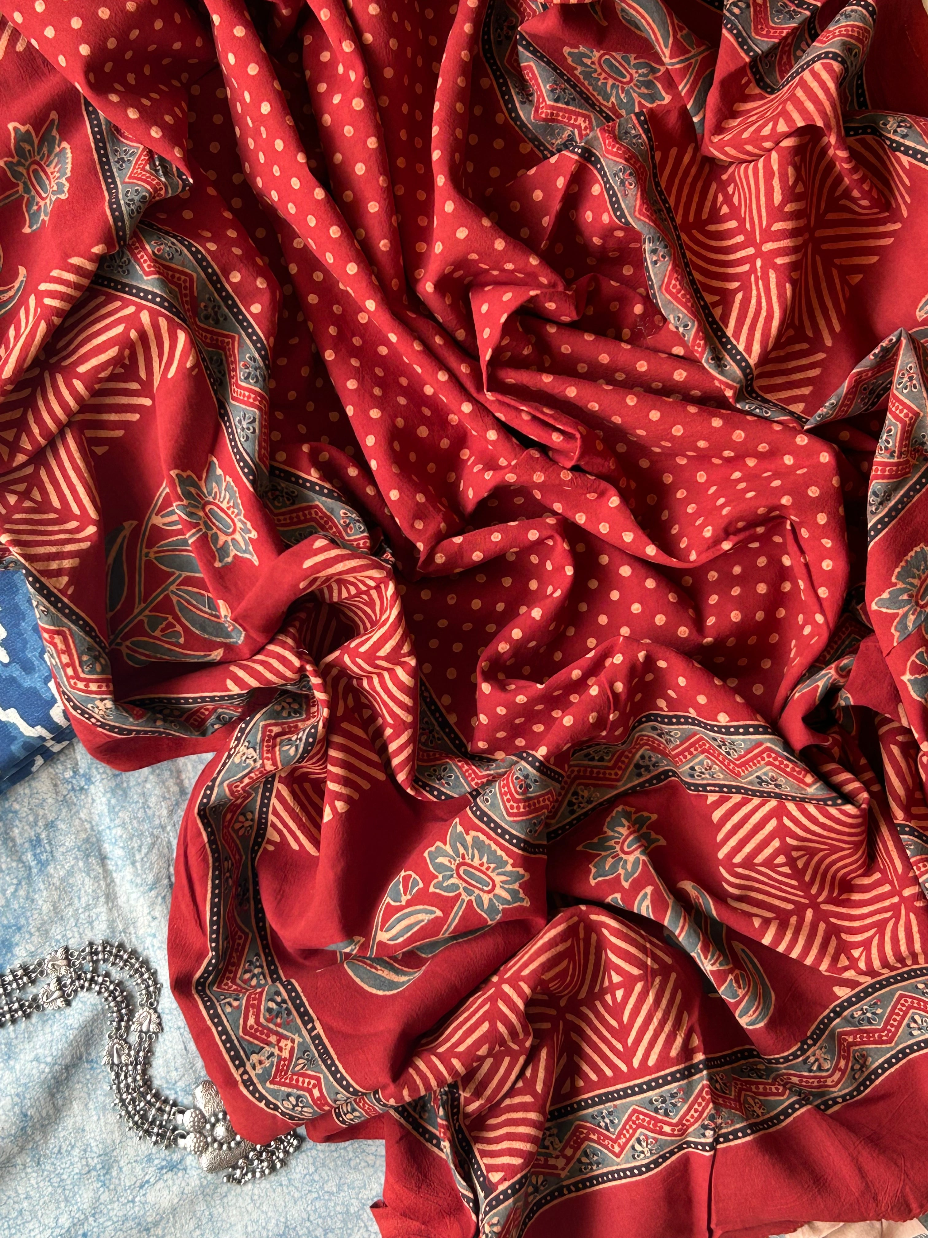 Daboo and Ajrakh Handblock Printed Set - Indigo and Madder Red
