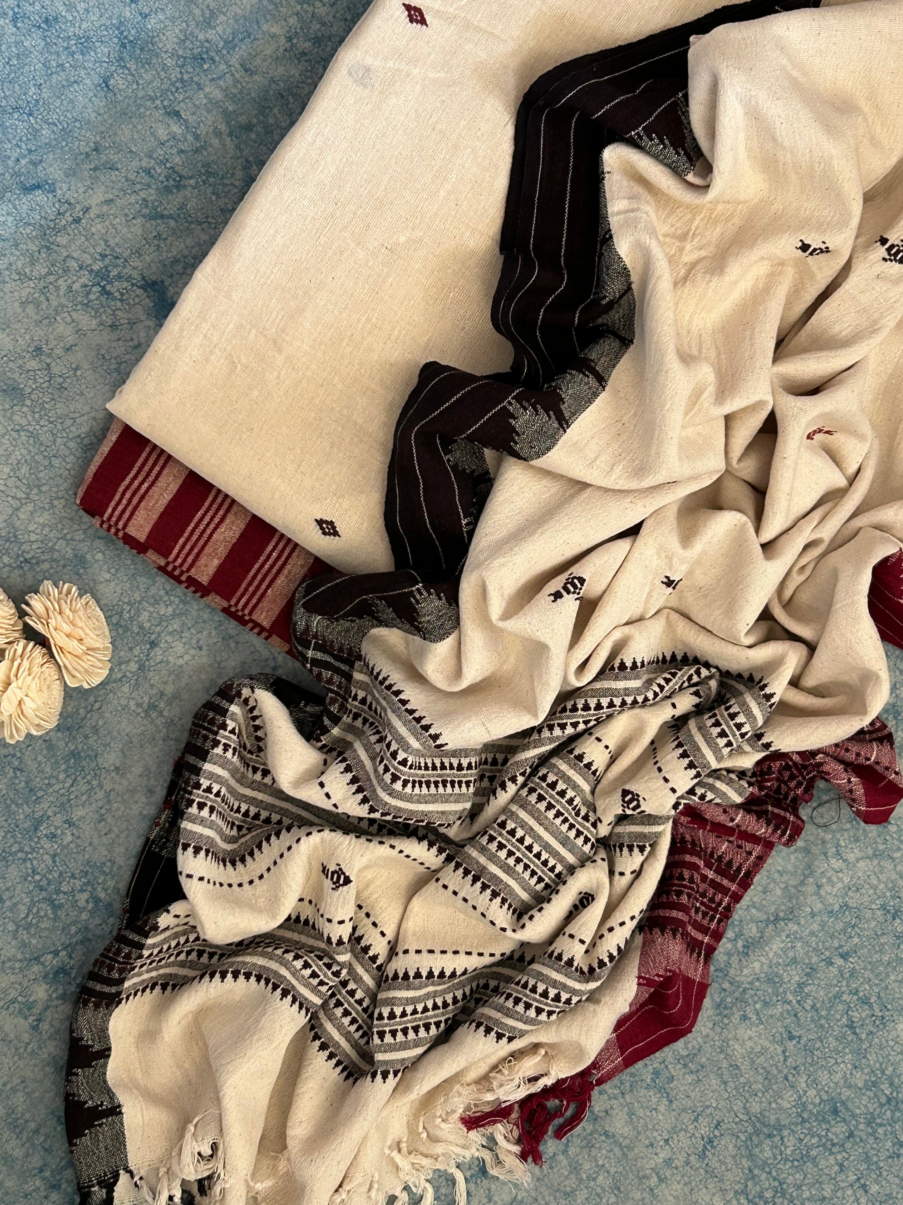 Handspun Handwoven Kotpad Suit Set - Ivory Butti and Maroon Stripes
