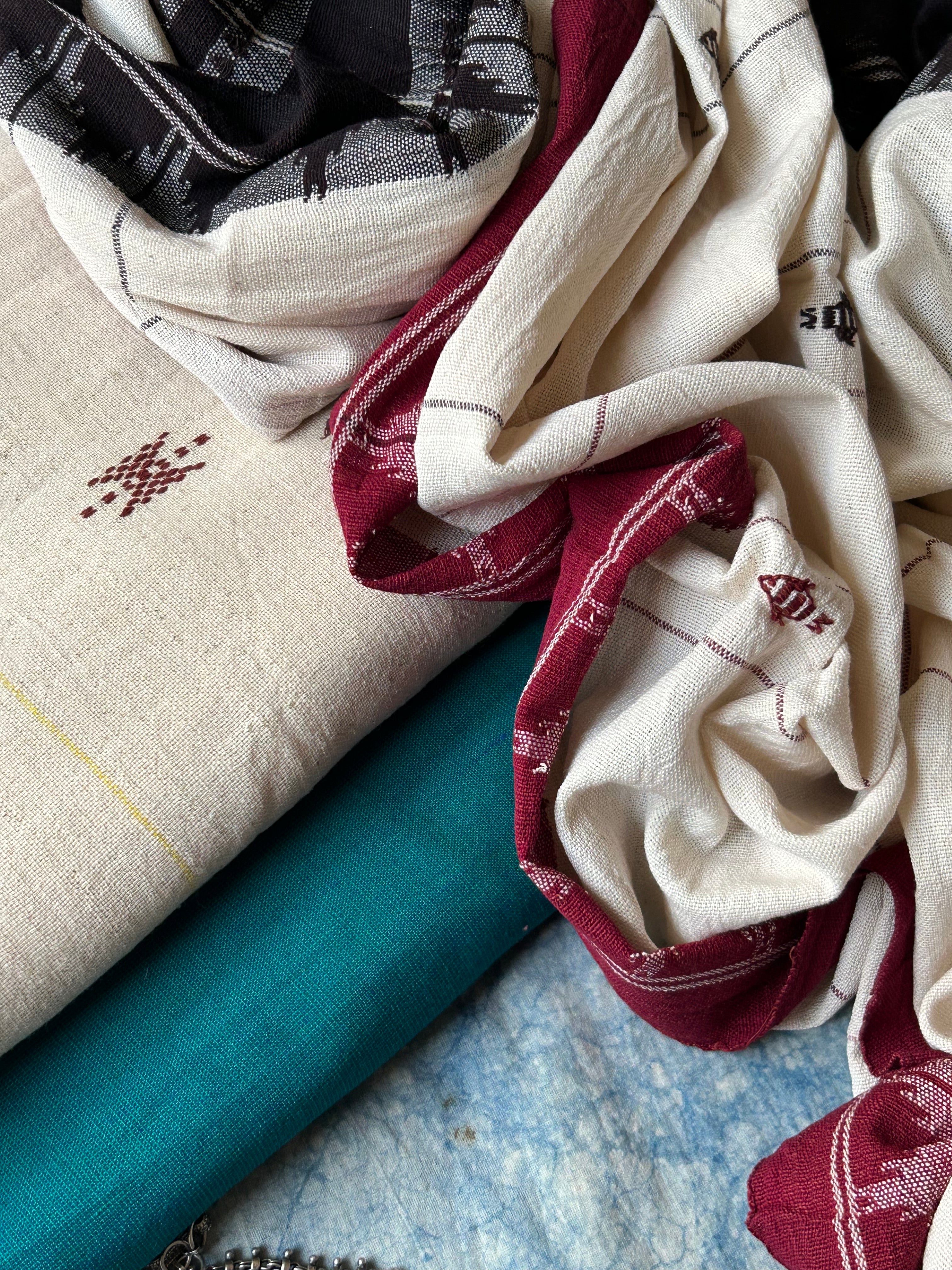 Handspun Handwoven Kotpad Suit Set - Ivory Multi Colour Butti
