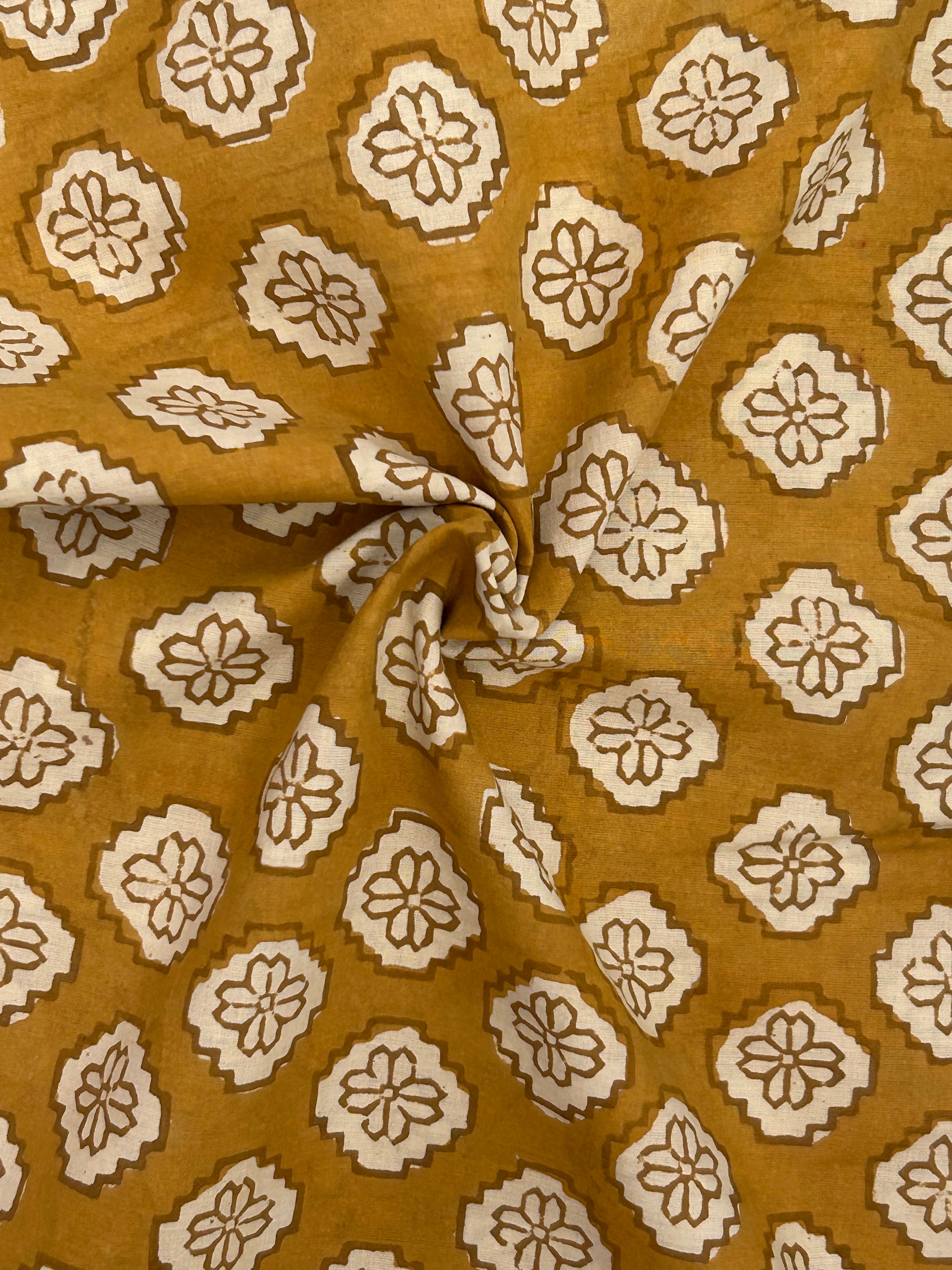 Handblock 1.5m Cotton Fabric - Mustard Floral
