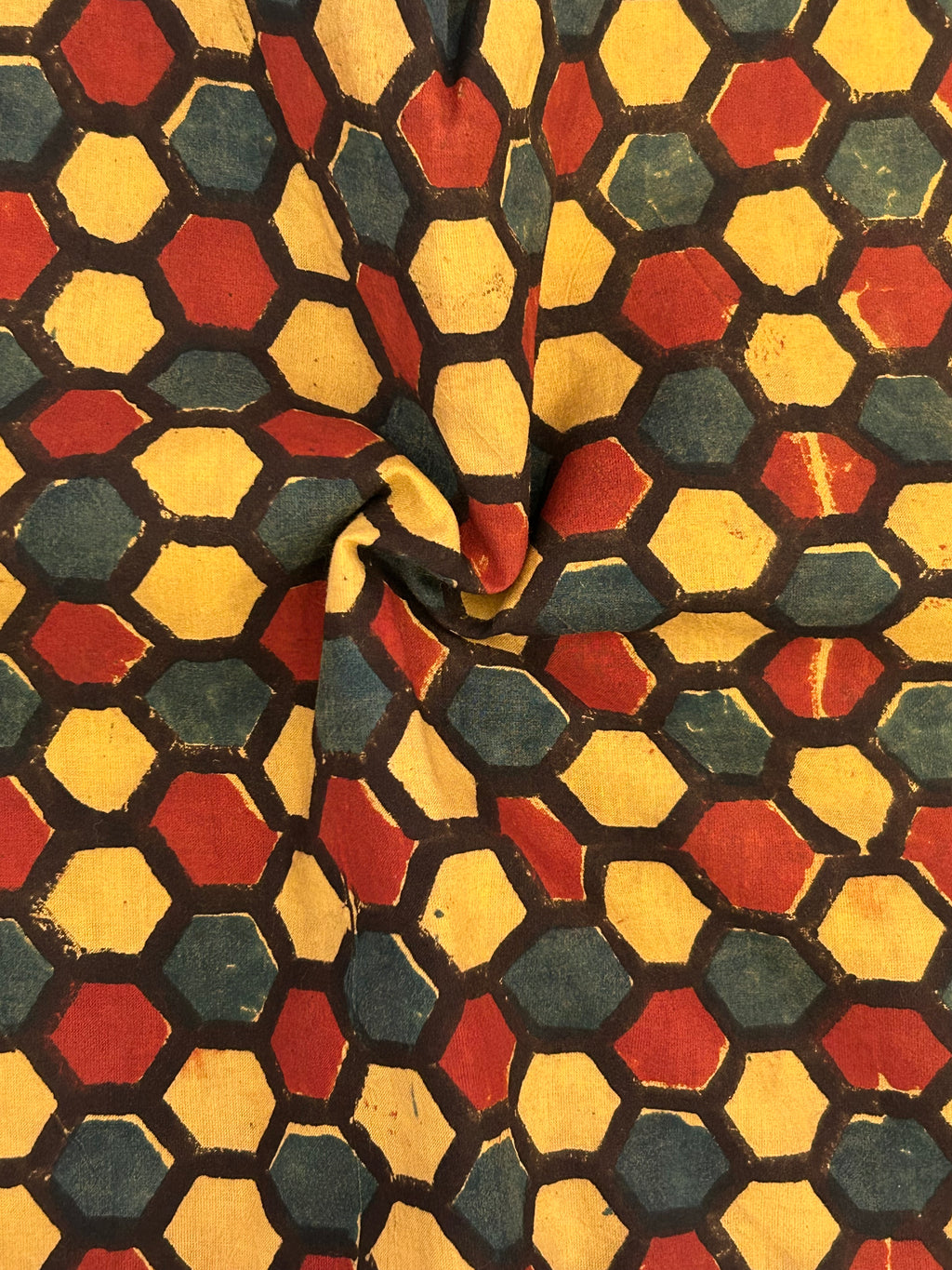 Handblock Printed Ajrakh Cotton - Turmeric Honeycomb (2.4m)