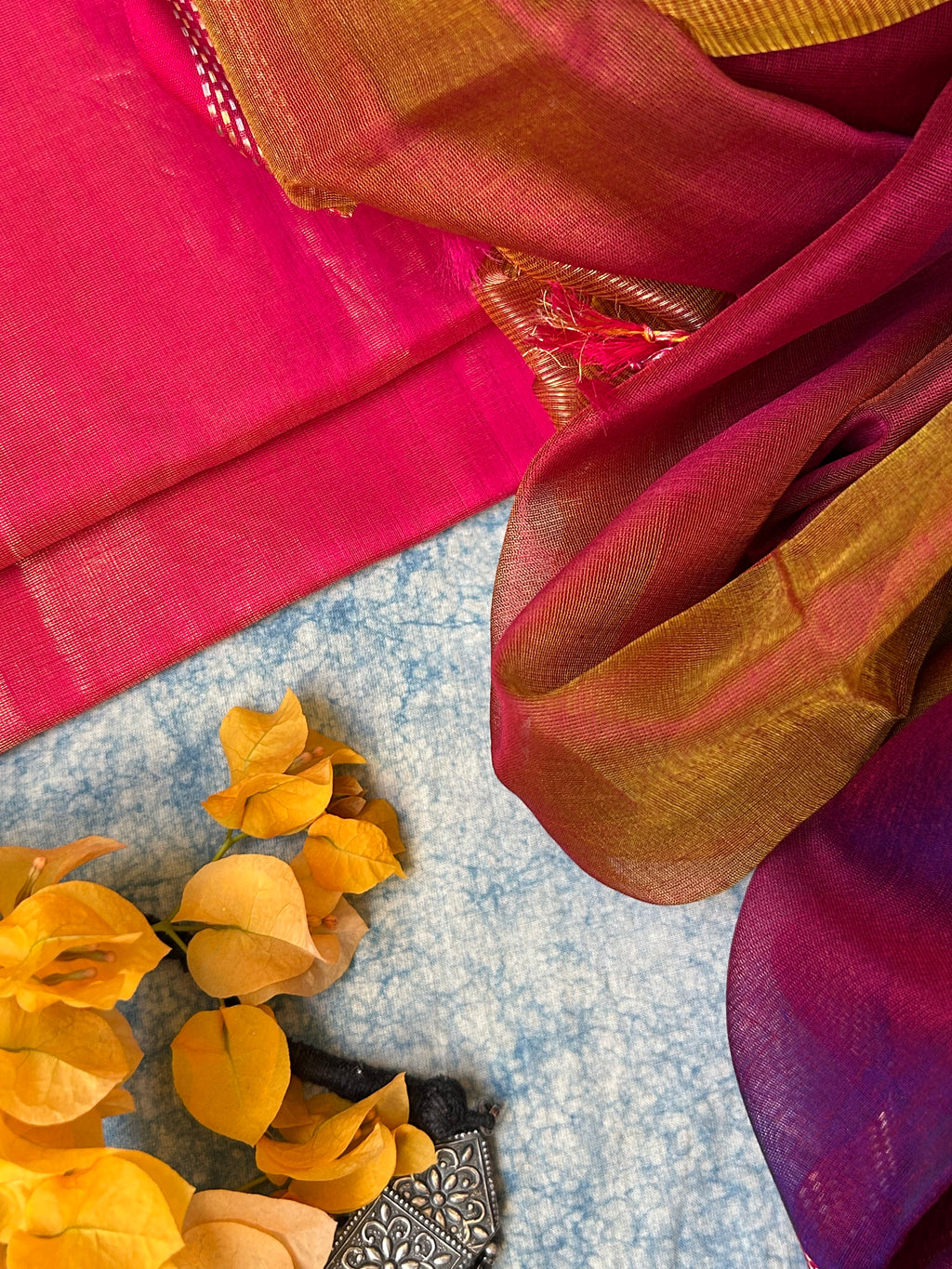 Handwoven Maheshwari Kurta Dupatta Set - Rani Pink and Purple