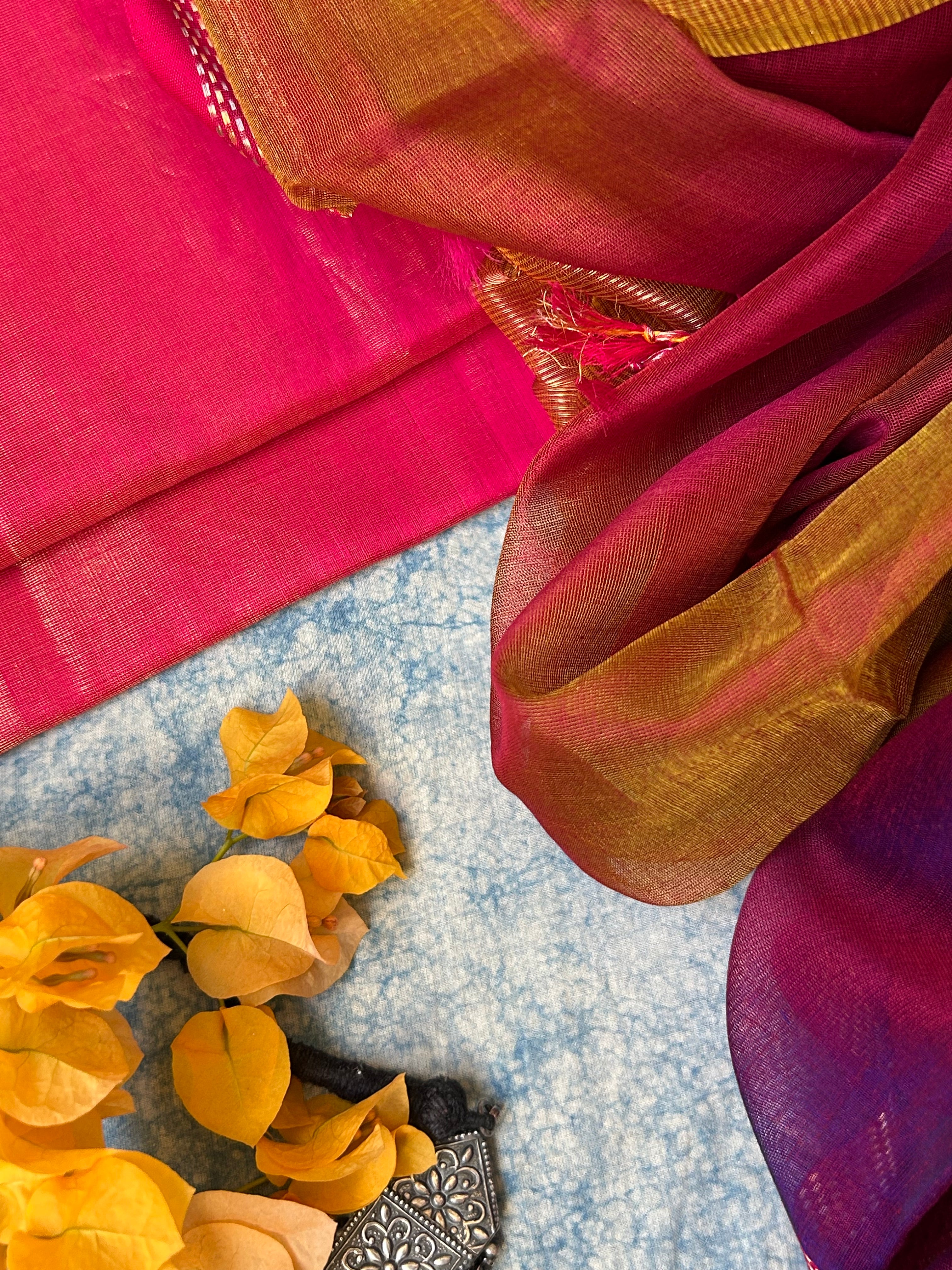 Handwoven Maheshwari Kurta Dupatta Set - Rani Pink and Purple