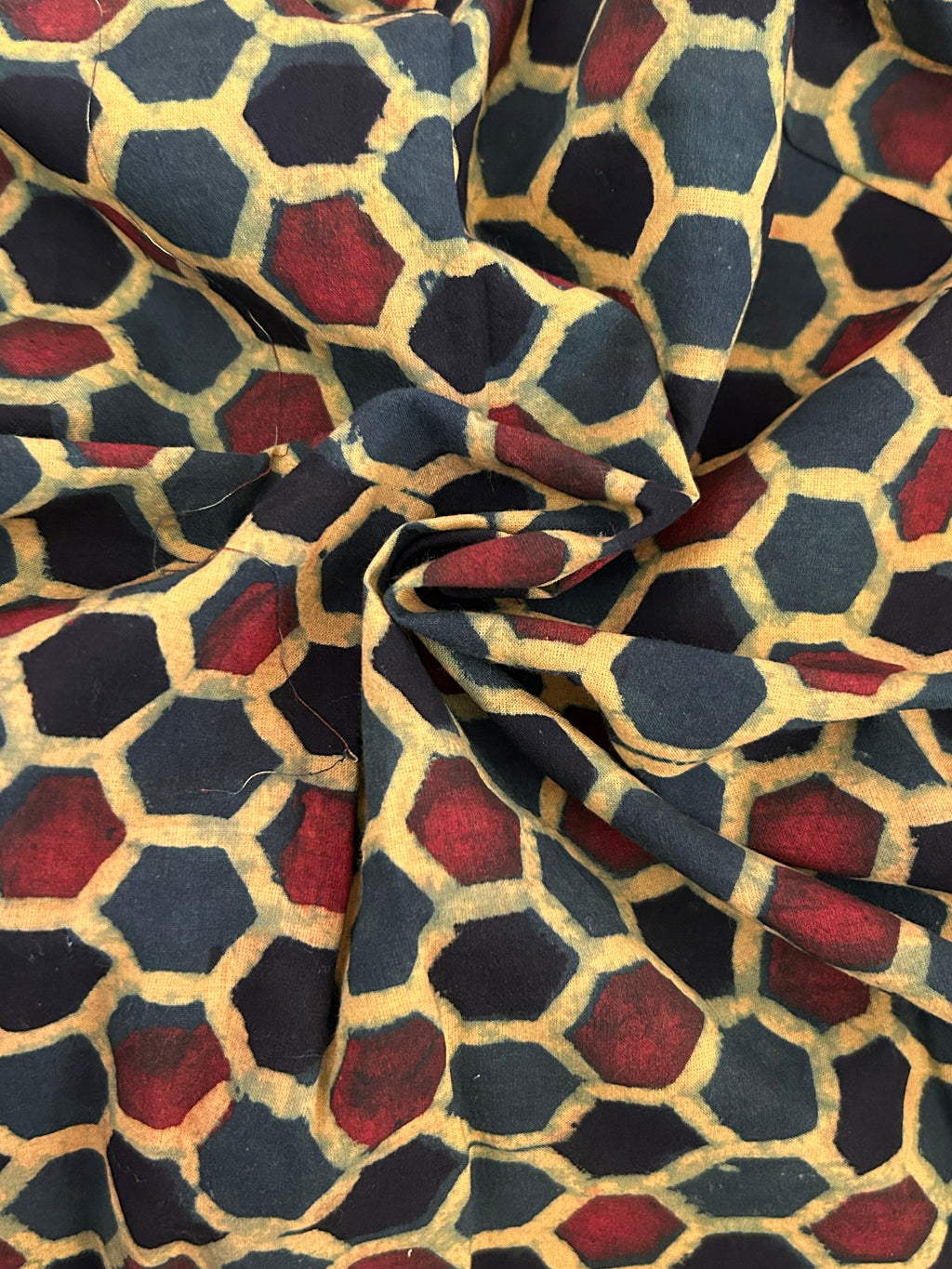 Handblock Printed Ajrakh Cotton - Green Honeycomb (2.4m)
