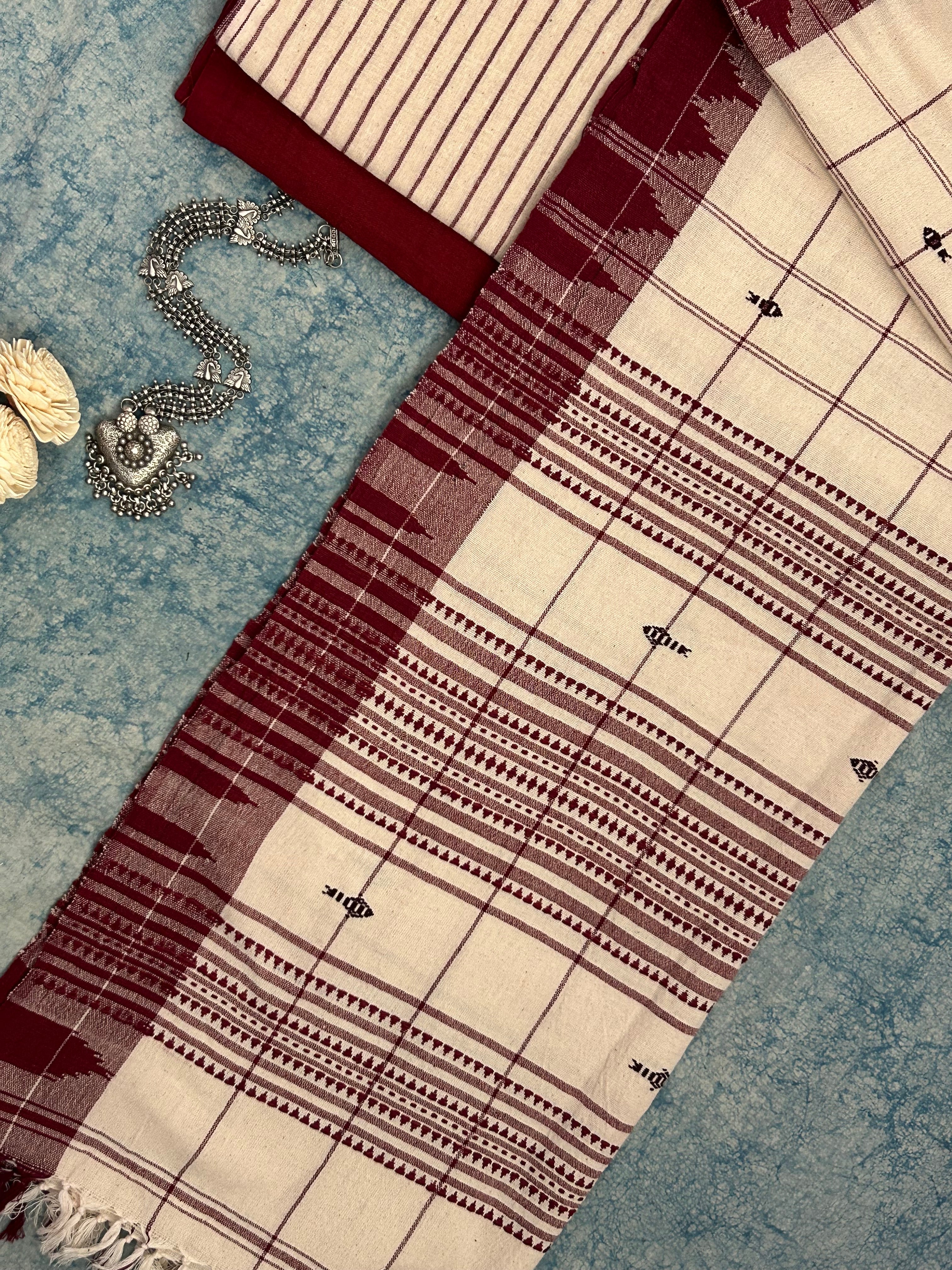 Handspun Handwoven Kotpad Suit Set - Ivory & Rust Maroon
