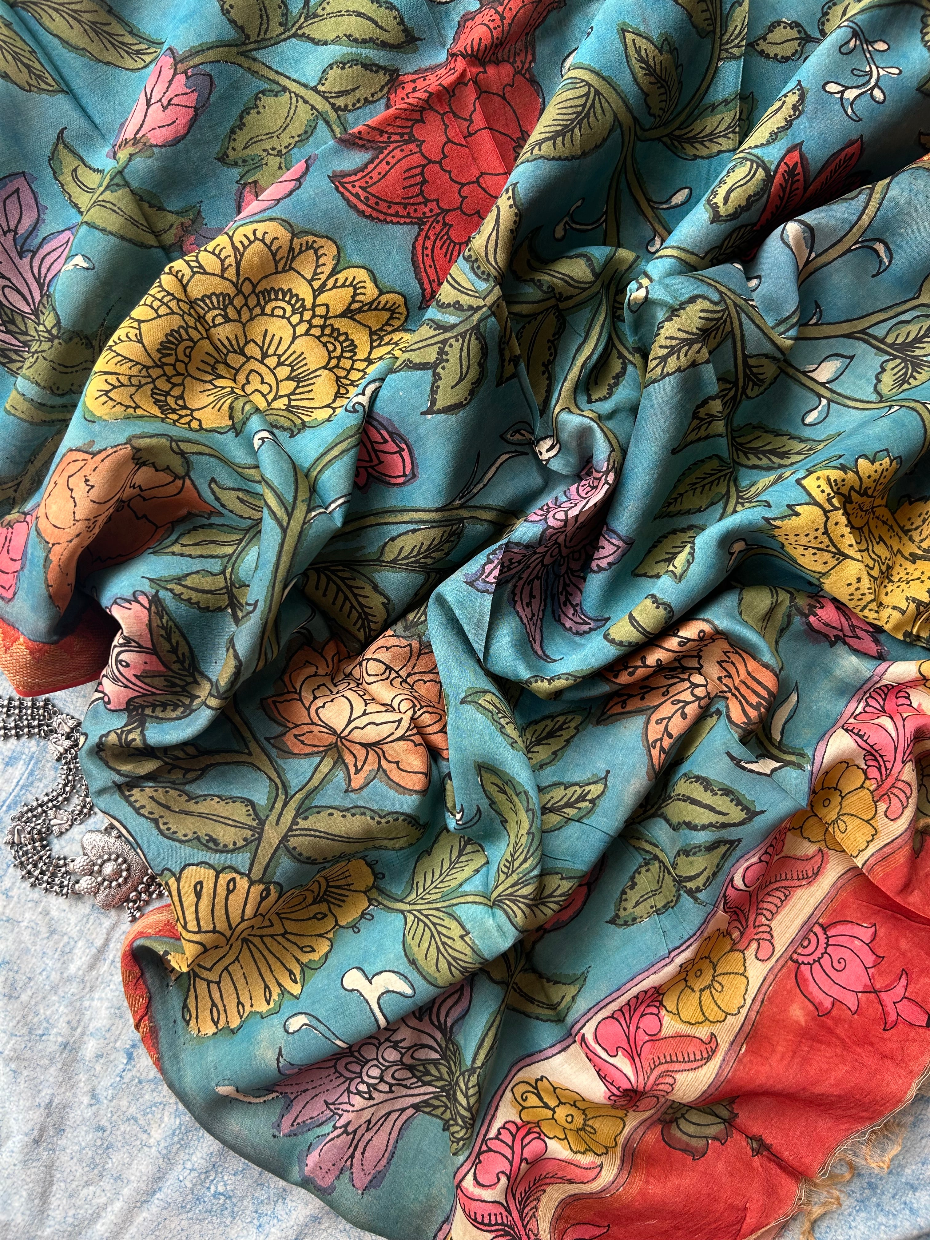 Ambari -Handwoven Hand-drawn Handpainted Pen Kalamkari Dupatta