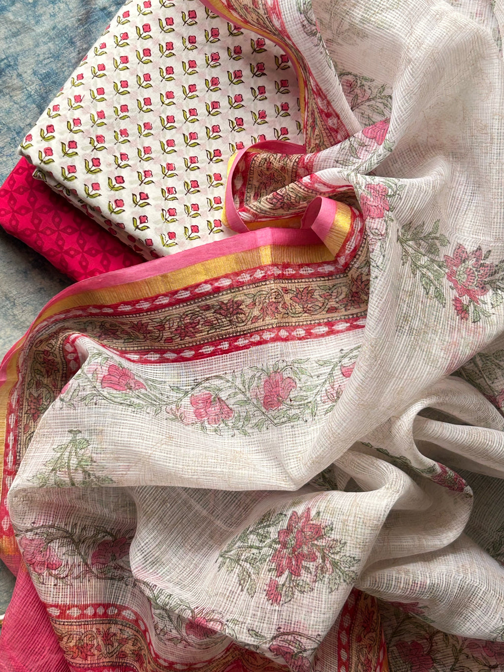 Handcrafted Cotton Suit Set - White Floral Butta