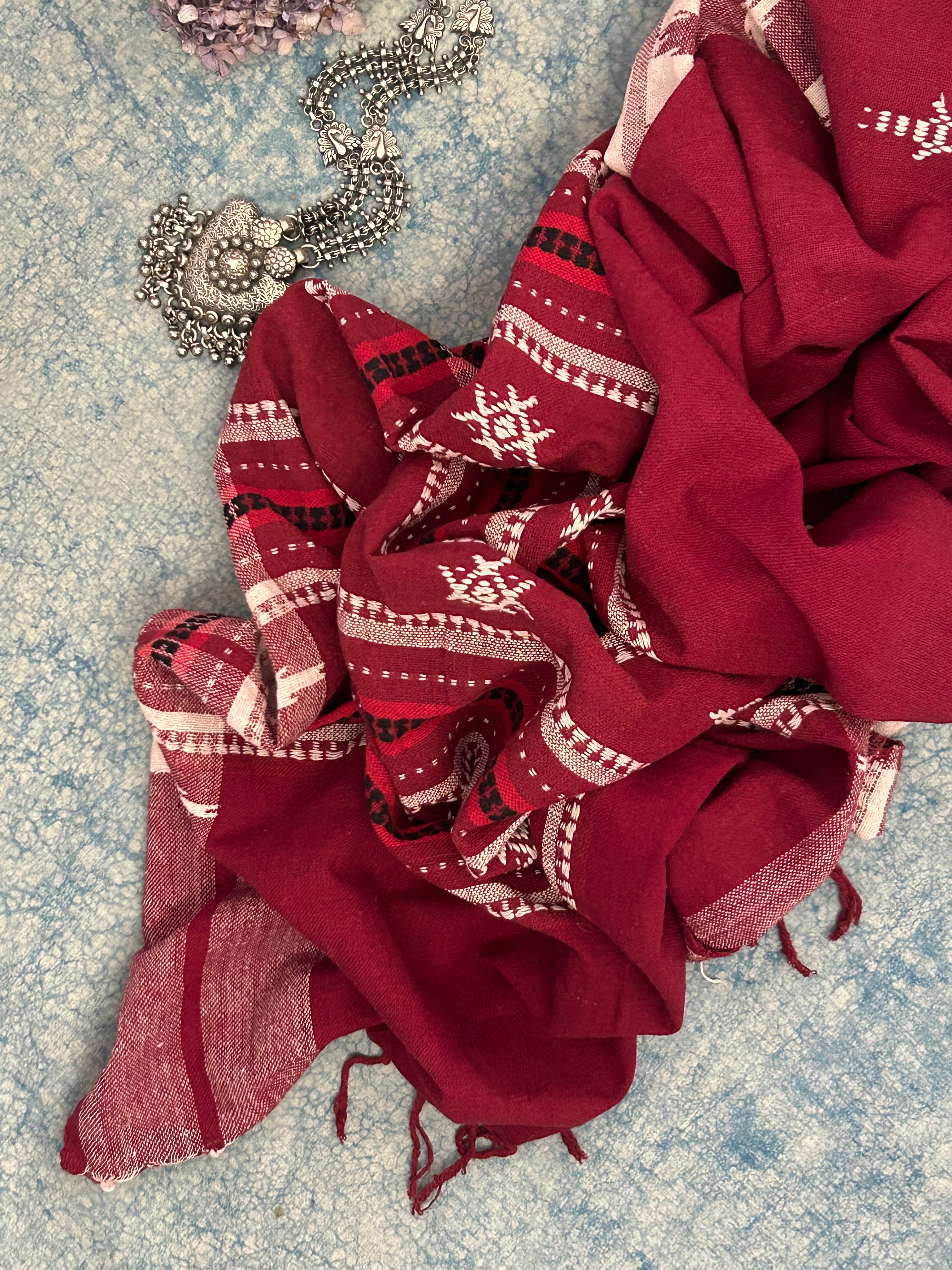 Handspun Handwoven Kotpad Suit Set - Ivory & Rust Maroon