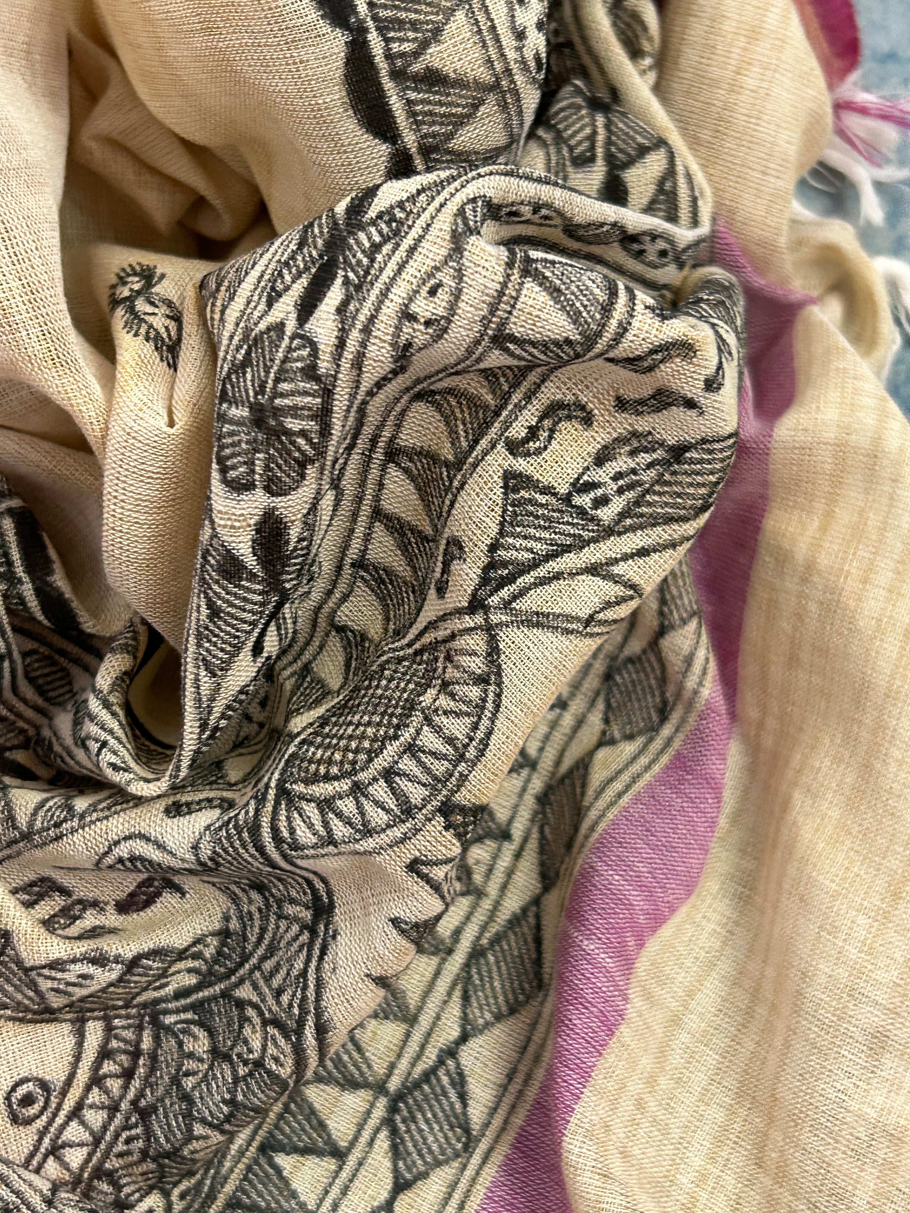 Madhubani Handpainted Cotton Silk Dupatta