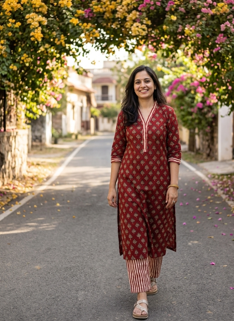 The Stripe Story- Handblock Straight Fit Cotton Long Kurta Bottom Set