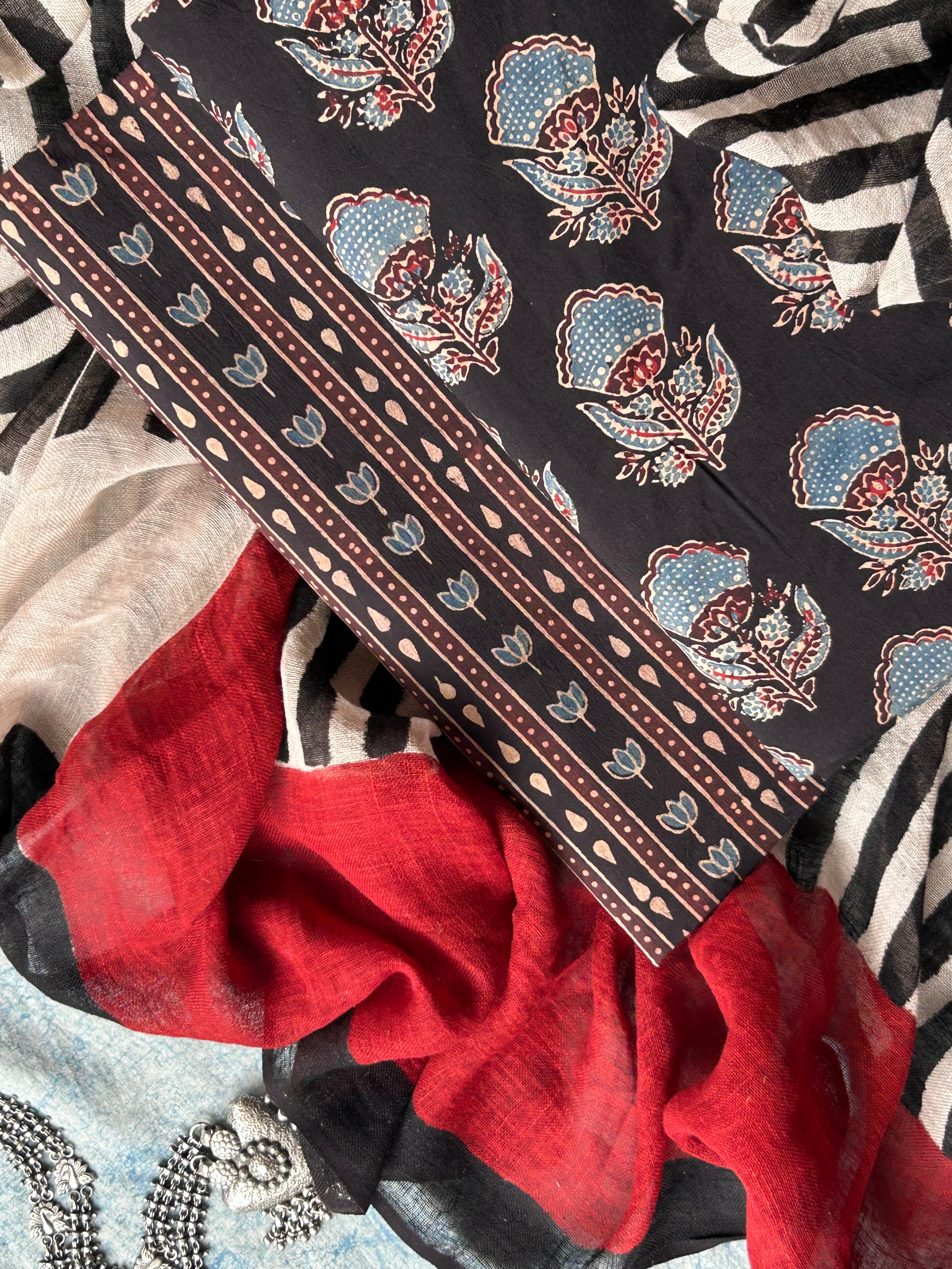 Dharini - Natural Dyes Handblock Ajrakh Cotton and Linen Dupatta Set