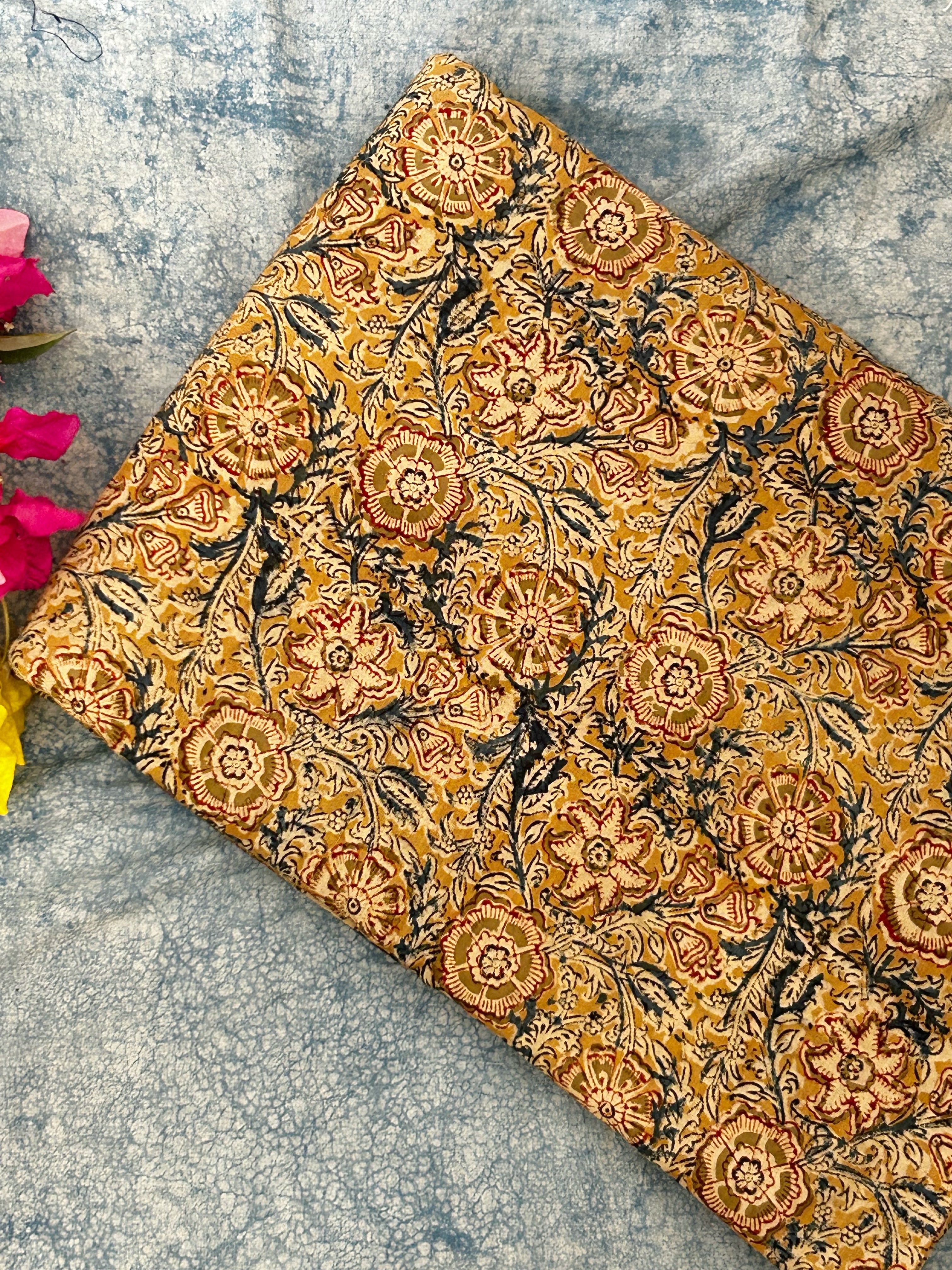 Handspun & Handwoven 2.5m Cotton Fabric With Handdone Pedana Kalamkari