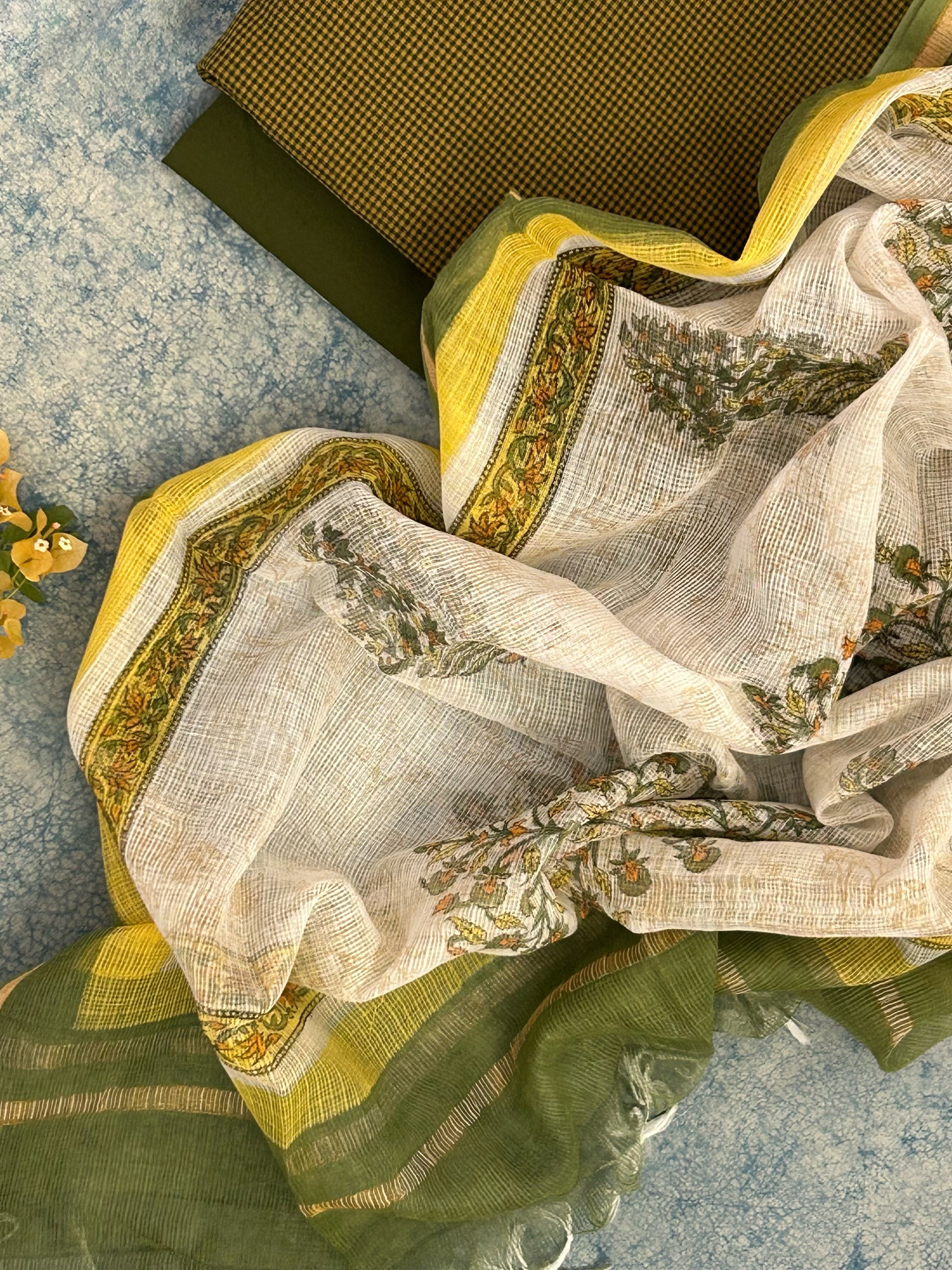 Handwoven Handblock Printed Set - Olive Green