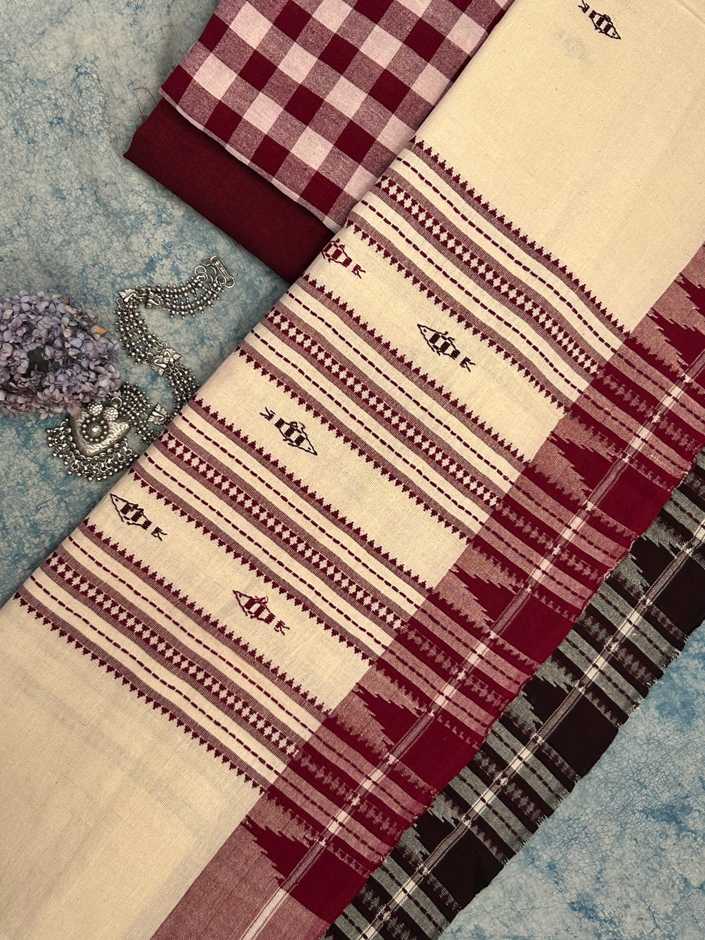 Handspun Handwoven Kotpad Suit Set - Maroon Checks