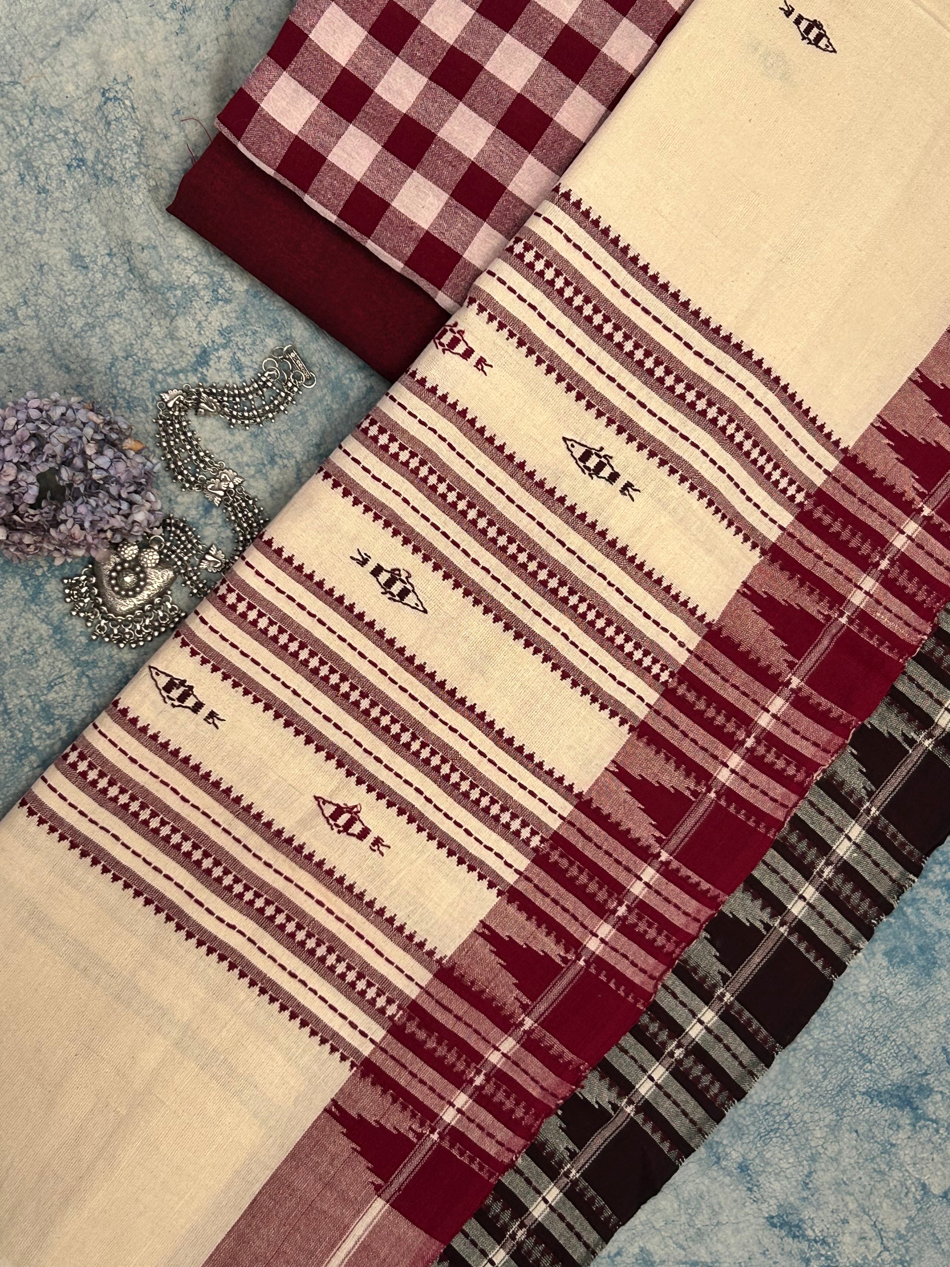 Handspun Handwoven Kotpad Suit Set - Maroon Checks