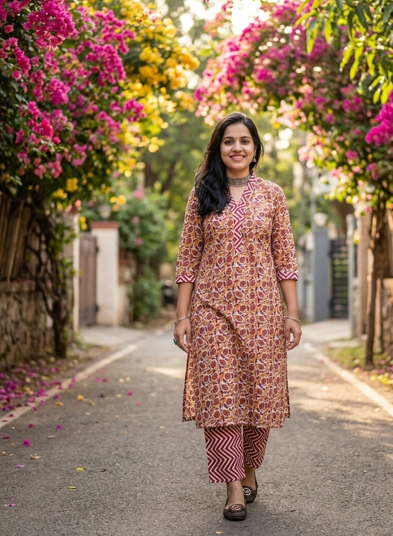 Zig Zag Zoh- Handblock Straight Fit Cotton Long Kurta Bottom Set