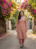 Zig Zag Zoh- Handblock Straight Fit Cotton Long Kurta Bottom Set